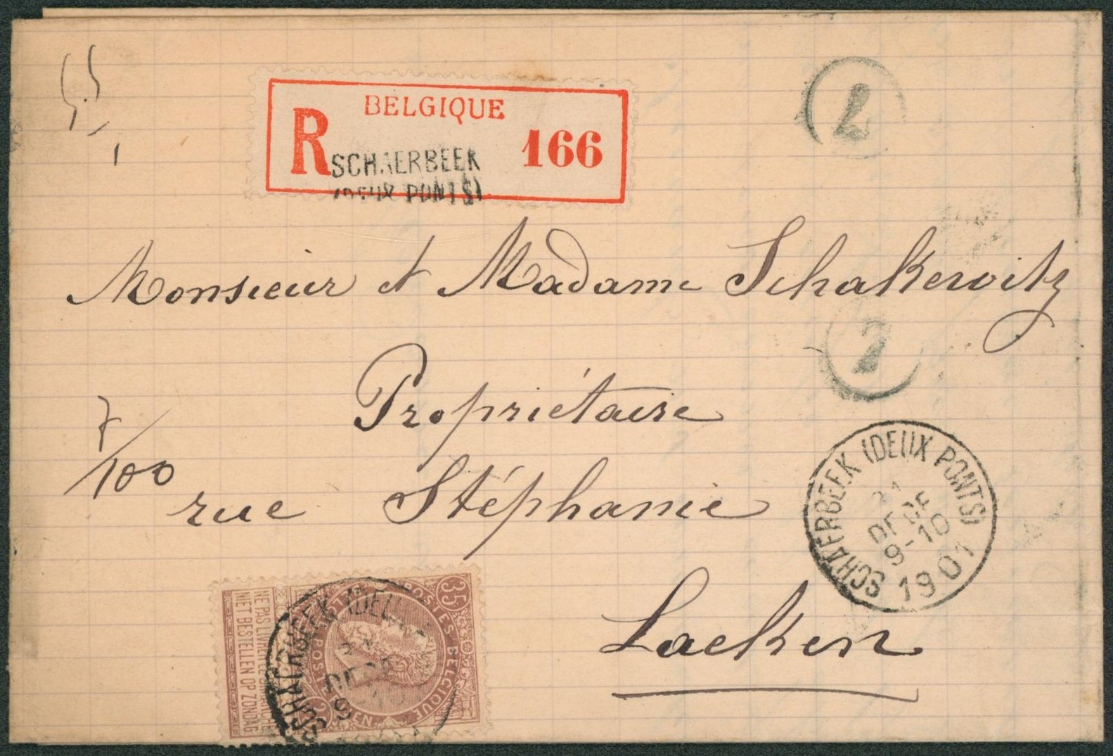 n°61 sur lettre en recommandé de Scaerbeek (deux ponts) > Laeken