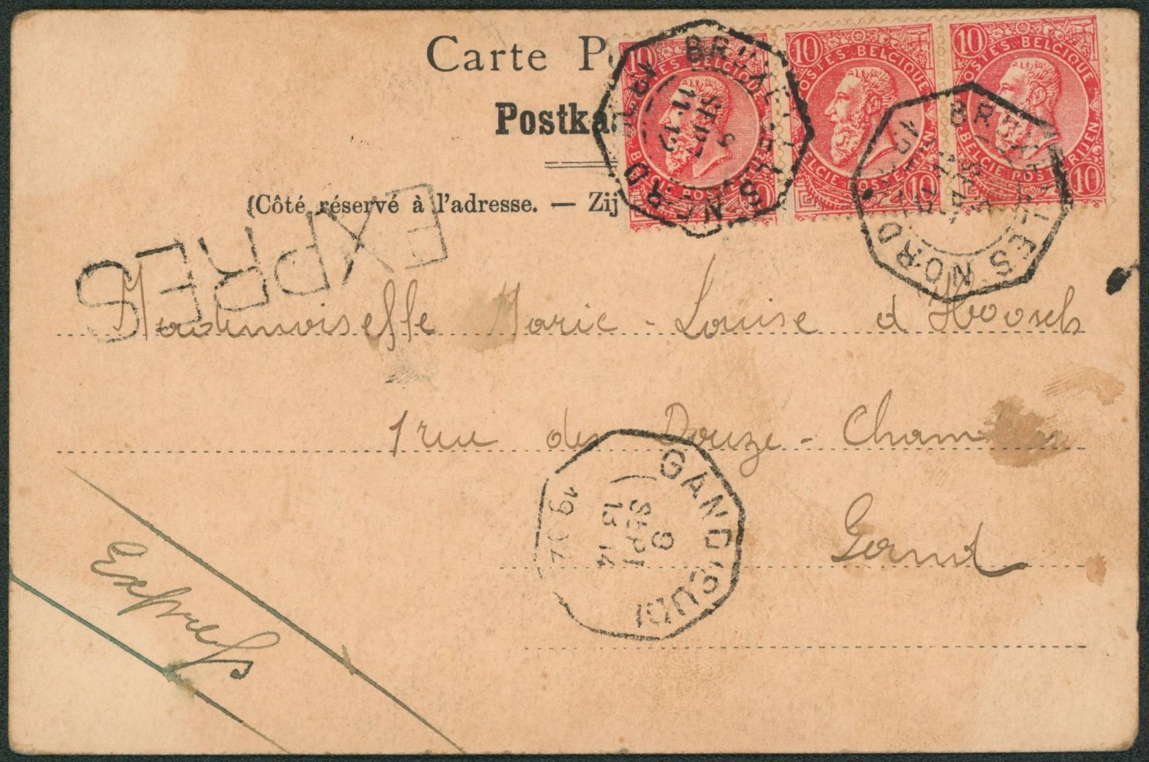 n°58 en bande de 3 sur CP en expres obl télégraphe-téléphone "bruxelles (Nord)" > Gand "