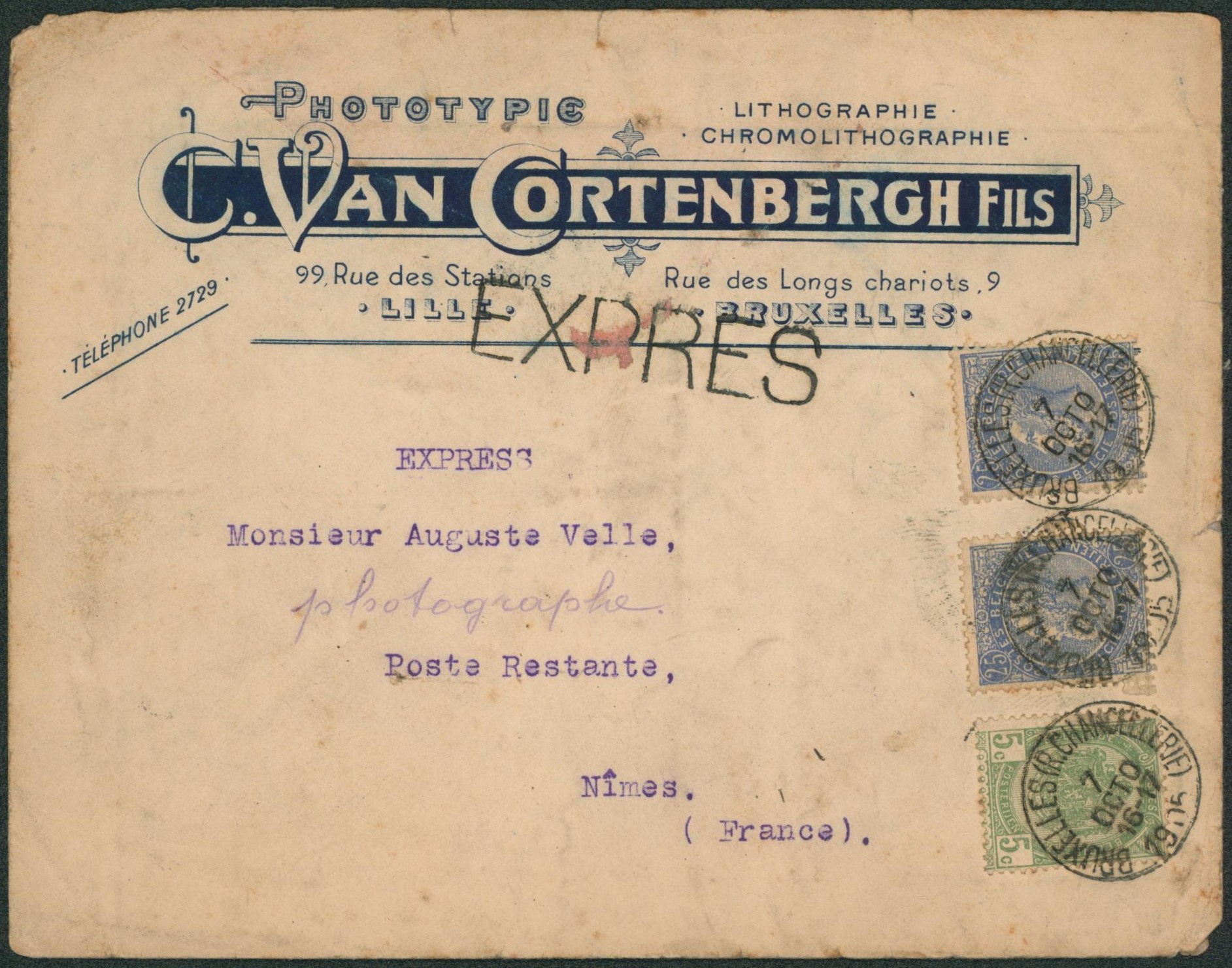 n°56 et 60 x2 sur lettre en expres (phototypie) de Bruxelles > Nimes (France). 