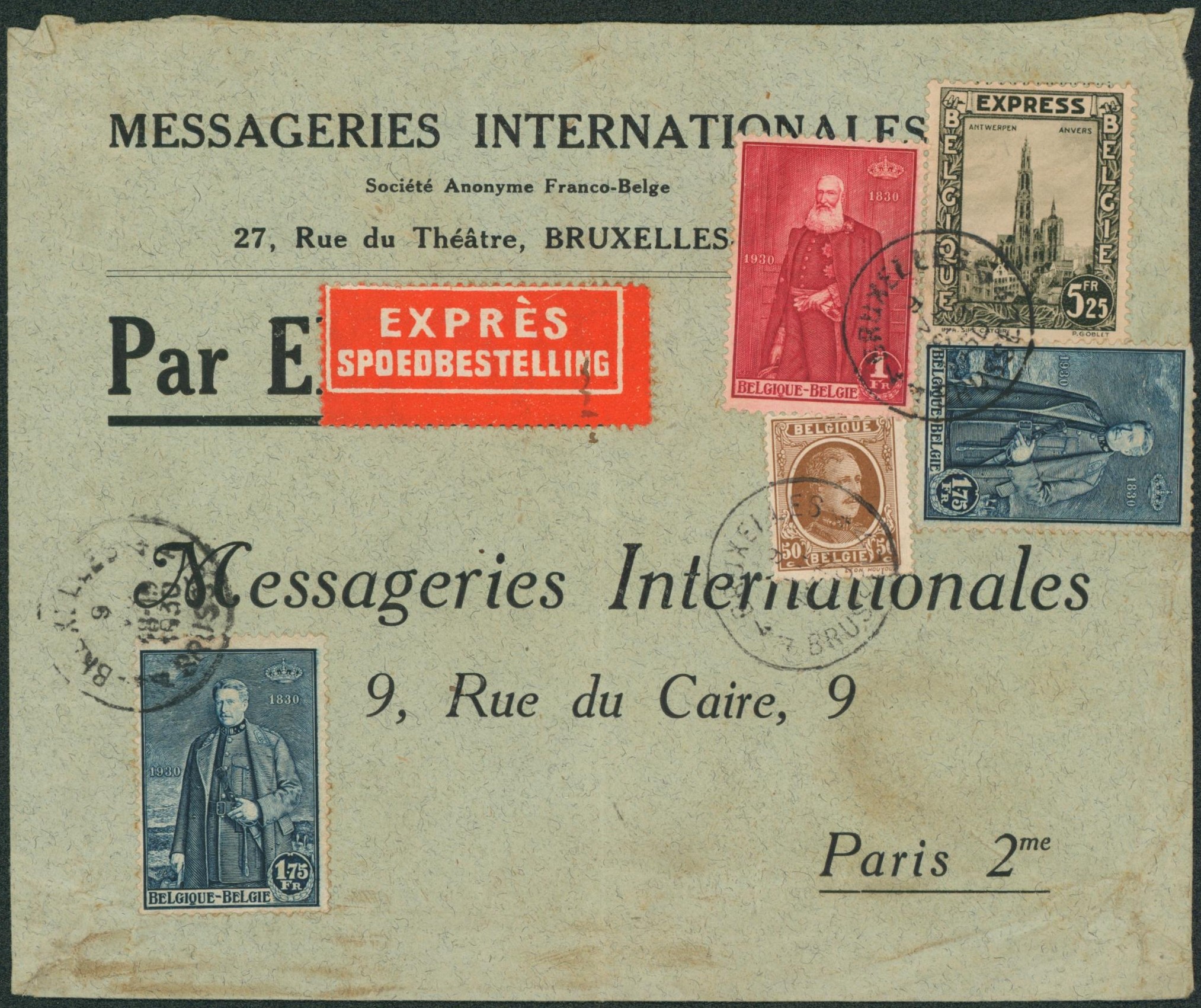 Affranch. Mixte (Indépendance, Houyoux, Expres) sur lettre en expres de Bruxelles > Paris. 