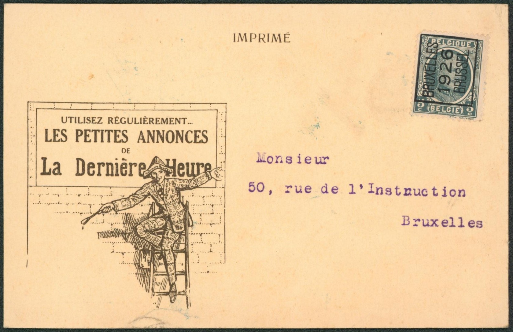 Houyoux - n°193 sur CP imprimée (les petites annonces de la dernière heure) typo BRUXELLES 1926 BRUSSEL > Bruxelles. 
