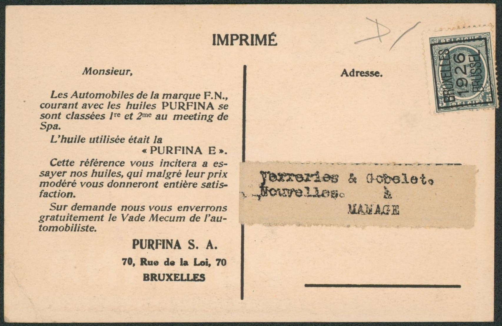 Houyoux - n°193 sur CP pub (Huile PURFINA) typo BRUXELLES 1926 BRUSSEL > Manage