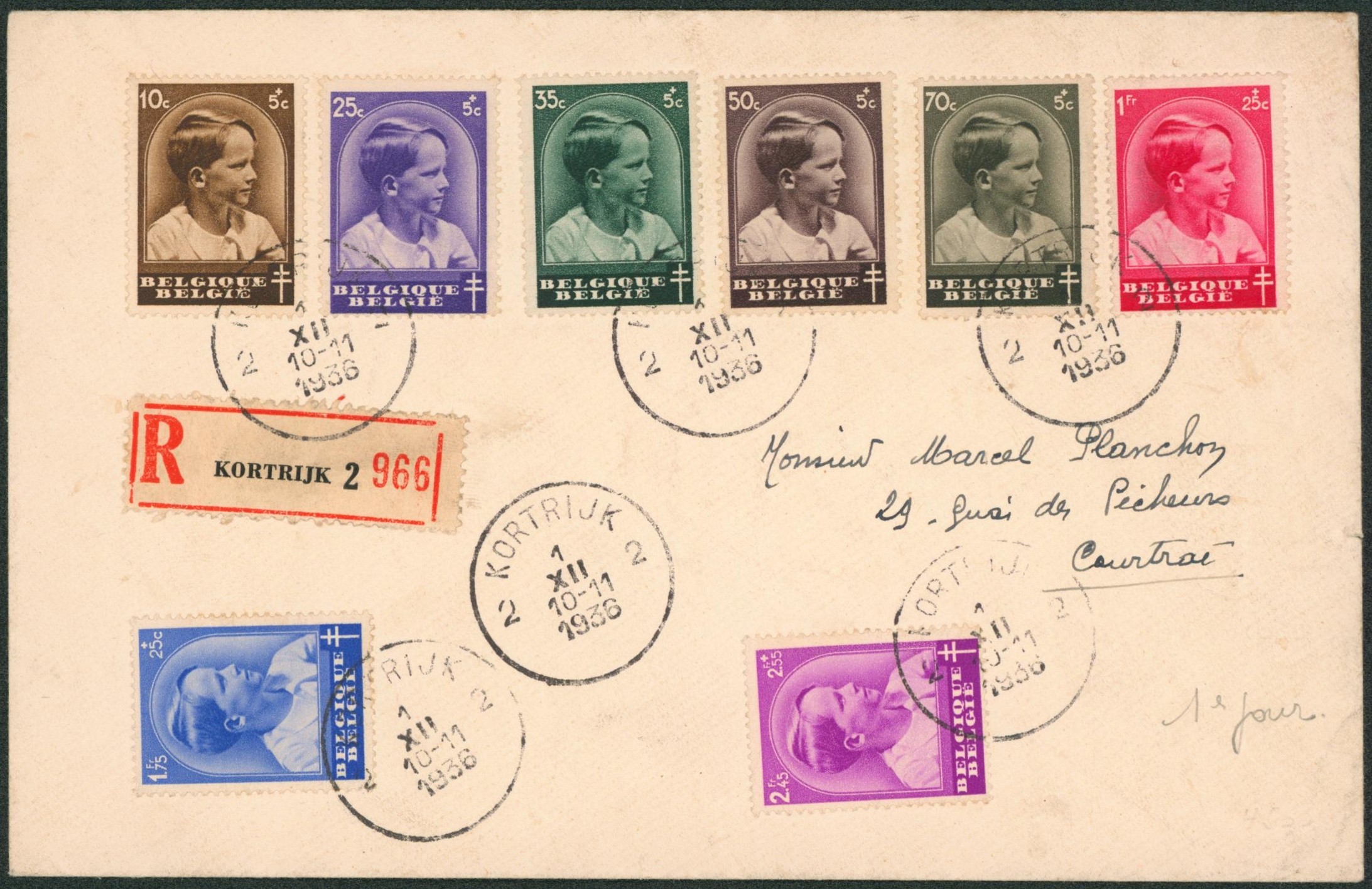 Série complète - n°438/45 sur lettre en recommandé de Kortrijk > Courtrai / 1er jour. 