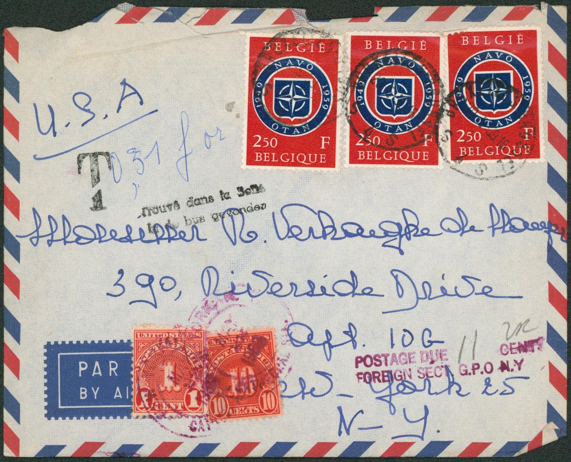 n°1094 x3 sur lettre par avion de Bruxelles + griffe TROUVE A LA BOITE > Etats-Unies (USA), New-York. taxé ! 