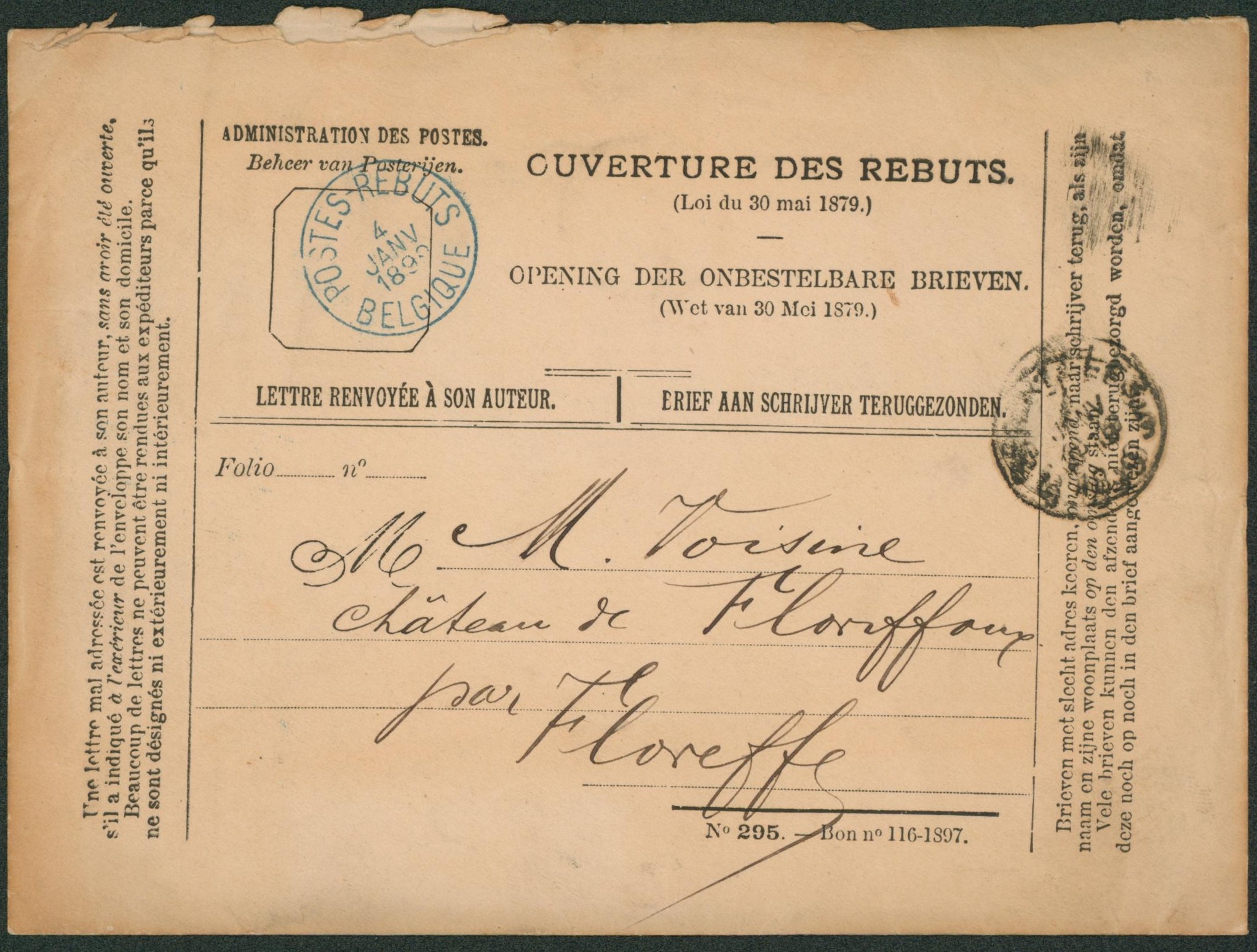 Administration des postes (n°295) - château de Floriffoux par Floreffe + cachet bleu "Postes-Rebuts / Belgique". "