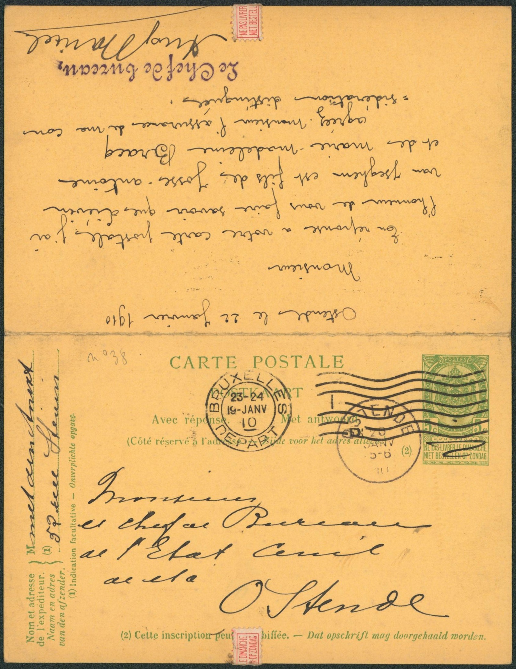 EP double au type 5ctm vert (SBEP n°38) de Ostende + cachet de ville (état civil) > Bruxelles, réponse de Bruxelles > Ostende. 