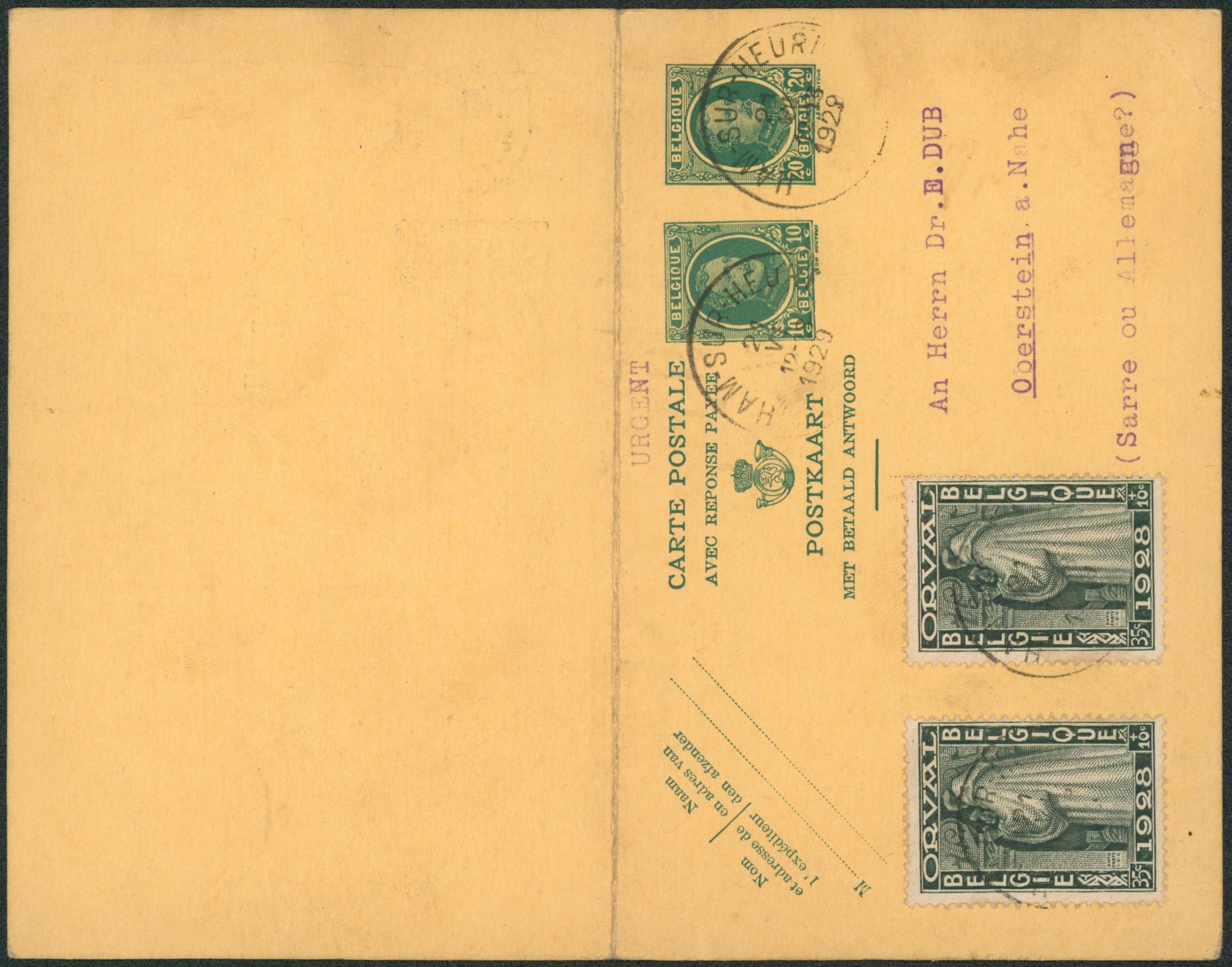 EP double au type 20ctm + 10ctm vert Houyoux expédié de Ham-Sur-Heure (urgent) + n°260 (Orval) > Oberstein (Allemagne). Réponse neuve. 