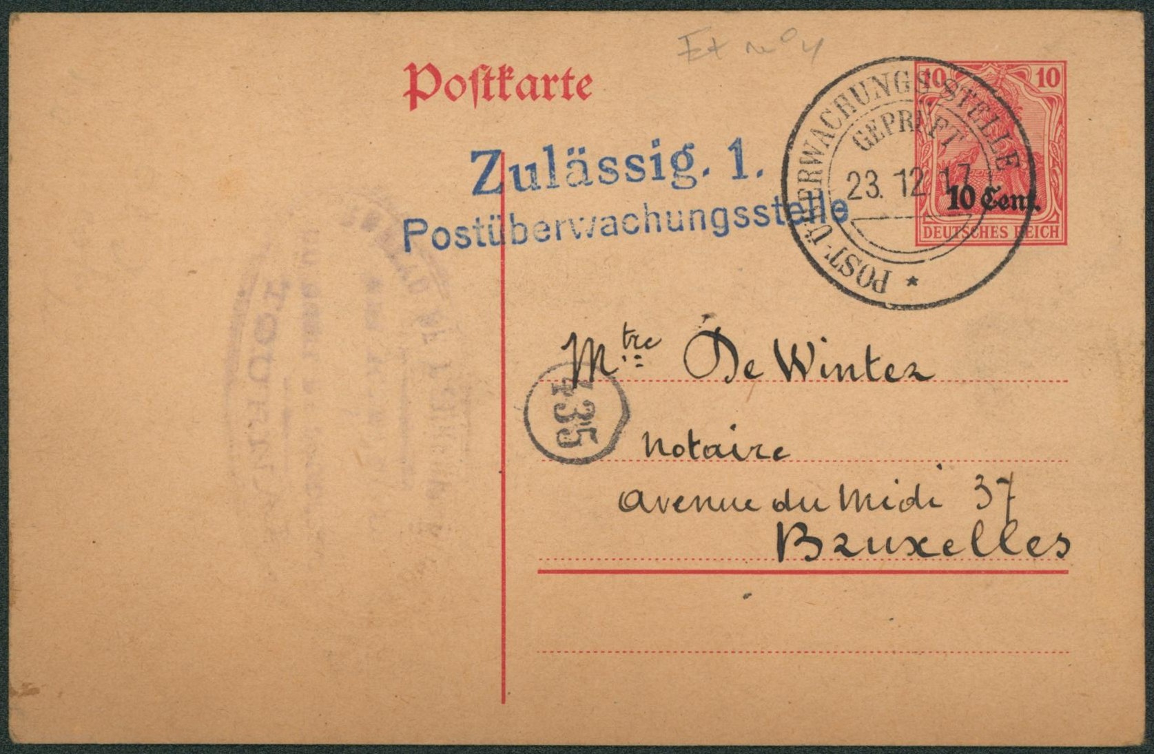 EP au type 10ctm rouge obl DC "Postuberwachunstelle / Gepruft" (tournai) + griffe bleu ZULASSIG 1 > Bruxelles"