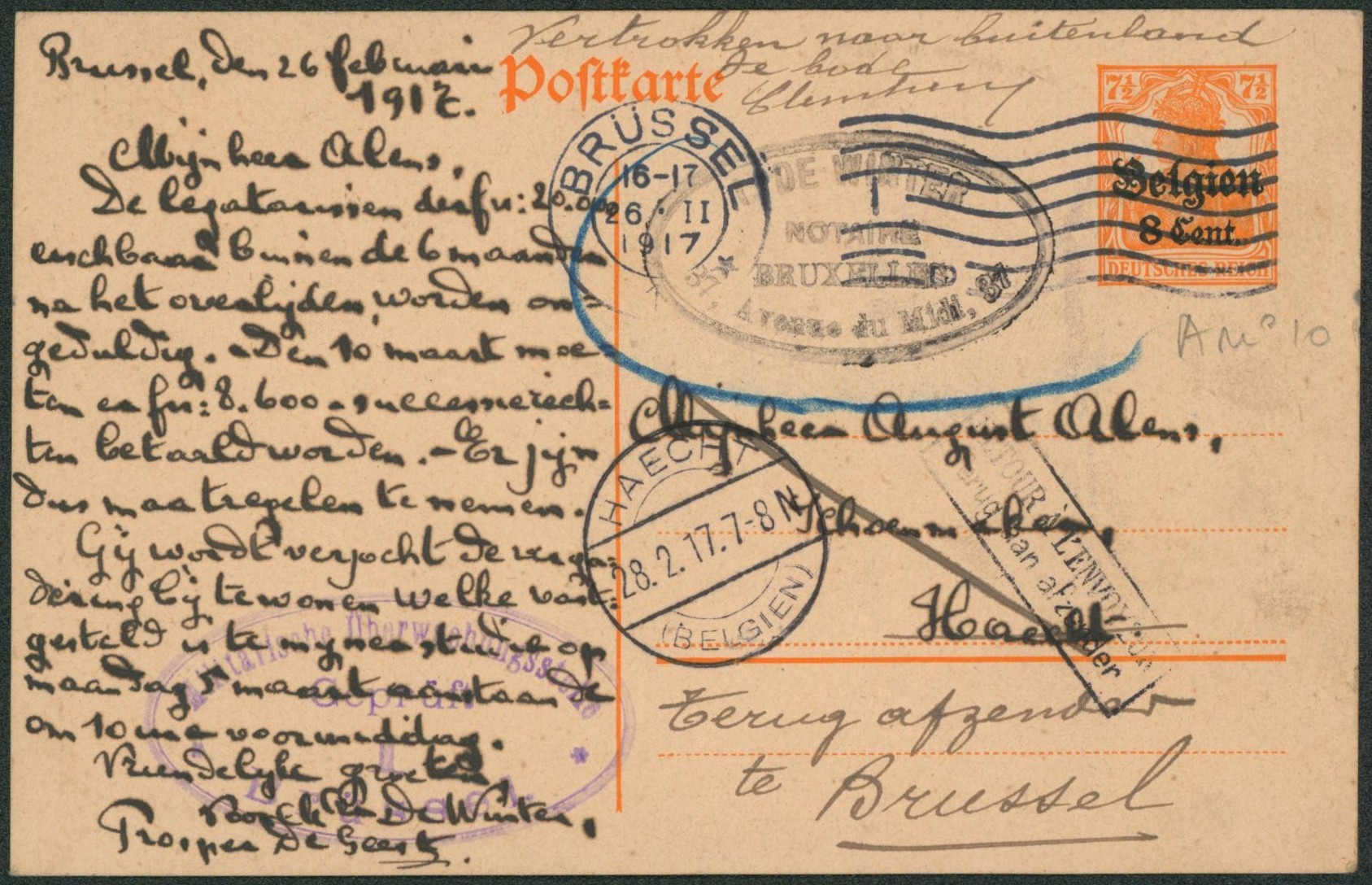 EP au type 8ctm orange obl mécanique "Brussel" + cachet privé > Haecht / Retour à l'envoyeur. "