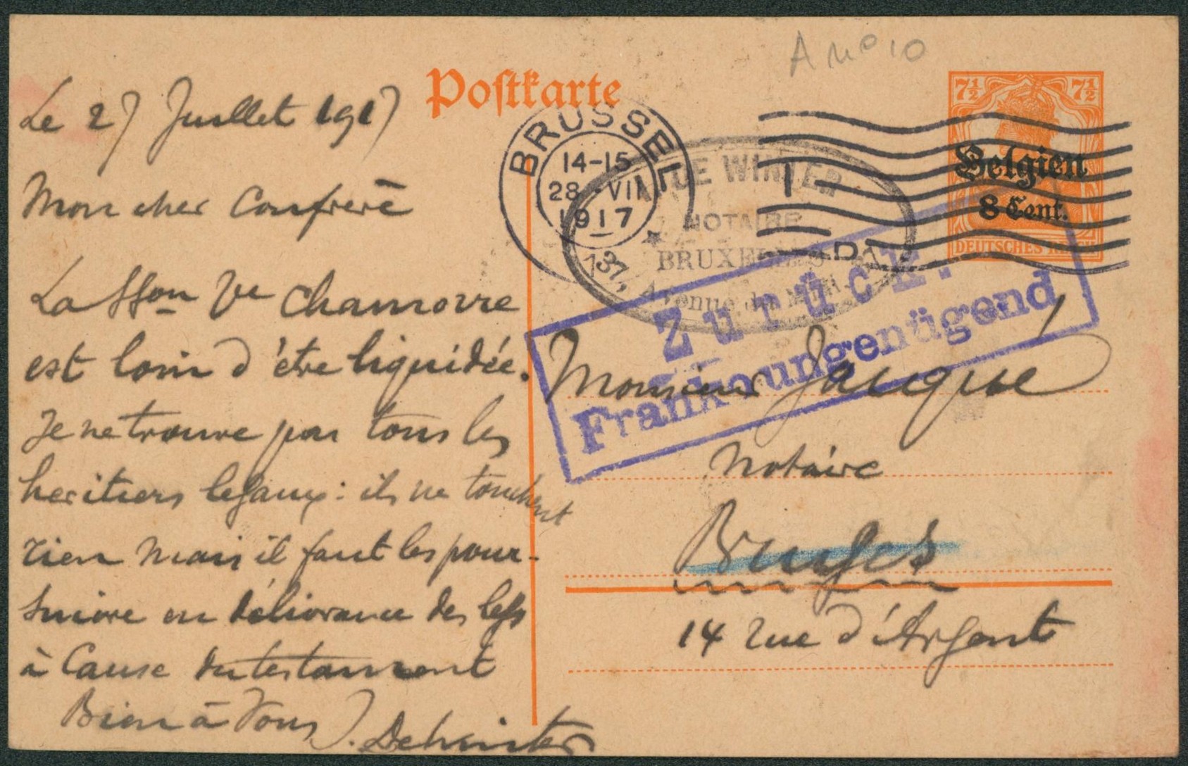 EP au type 8ctm orange obl mécanique "Brussel" + cachet privé > Bruges. Grand encadré ZURUCK"