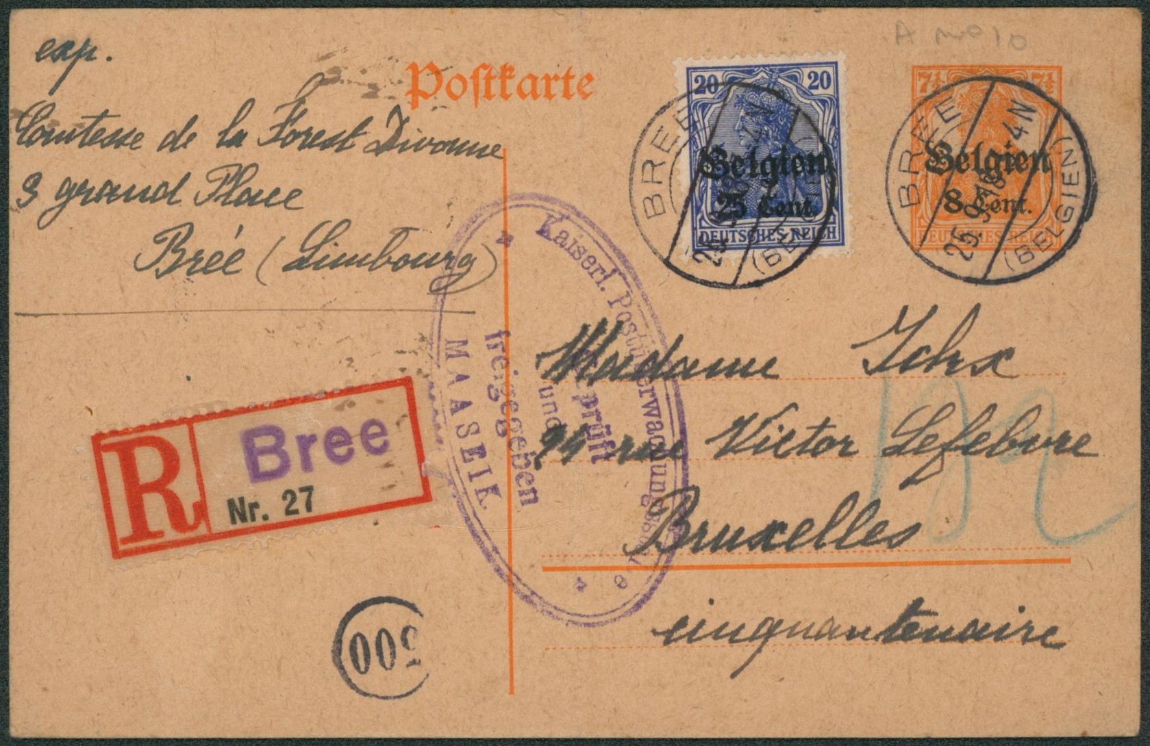 EP au type 8ctm orange + OC18 en recommandé de Brée (Comtesse) + censure Maaseik > Bruxelles / Léger pli 