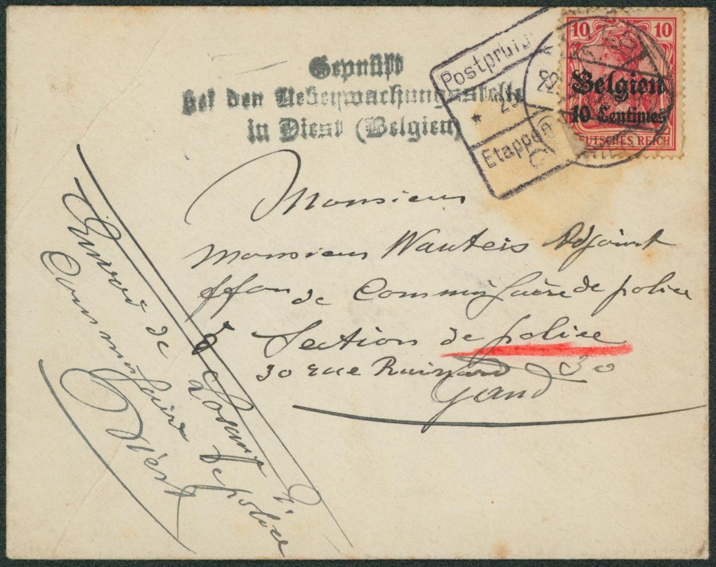 OC3 sur lettre obl à pont "Diest" + censure > Gand, section de police. "