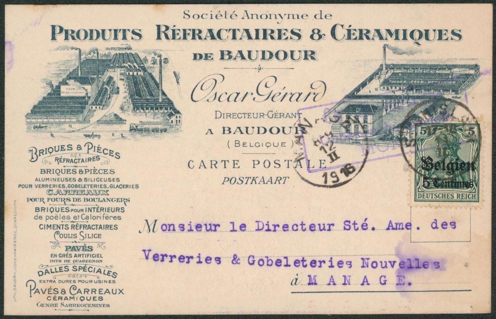 OC2 sur CP imprimée (Produits céramiques et réfractaires, dour) expédié de St-Ghislain > Manage. 