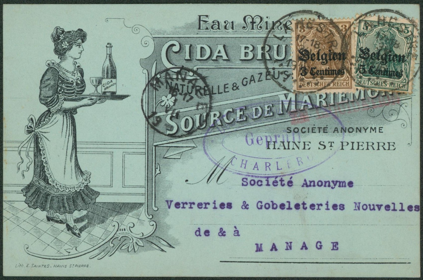 OC1 et 2 sur CP imprimée (Eau minéral, source de mariemont) expédié de La Hestre > Manage