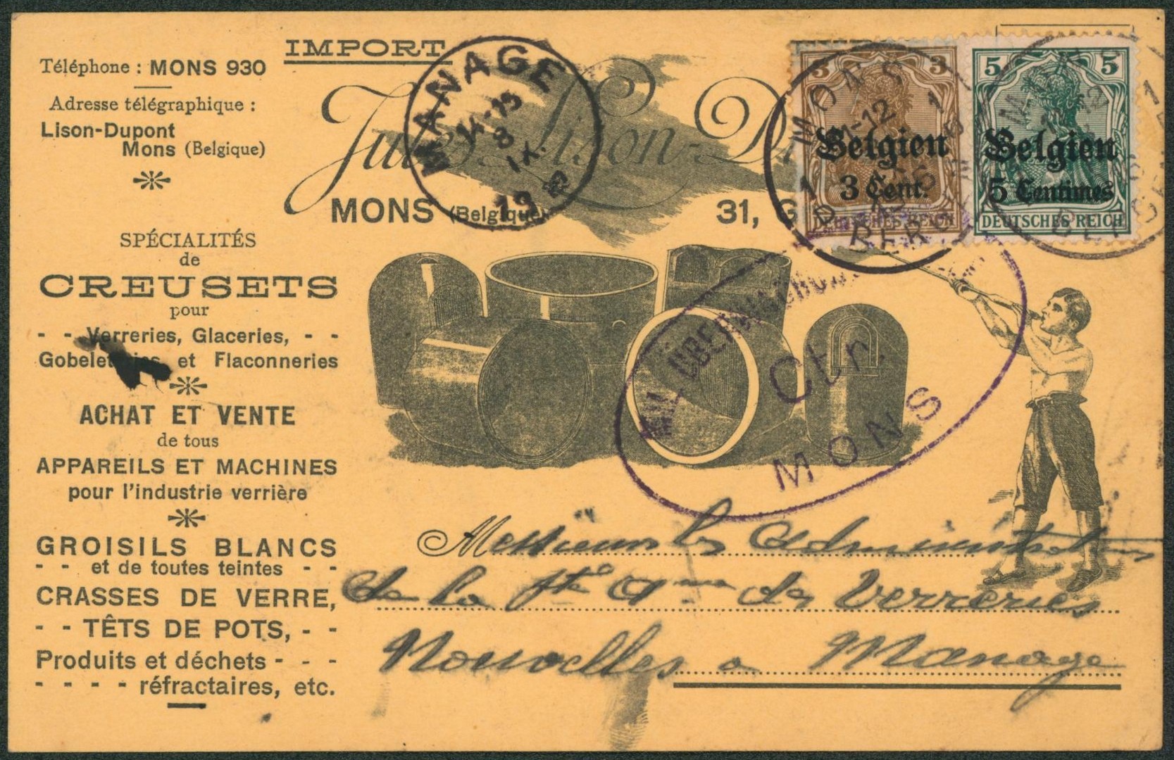OC3 et OC11 sur CP imprimée (Verreries, glaceries) expédié de Mons > Manage 