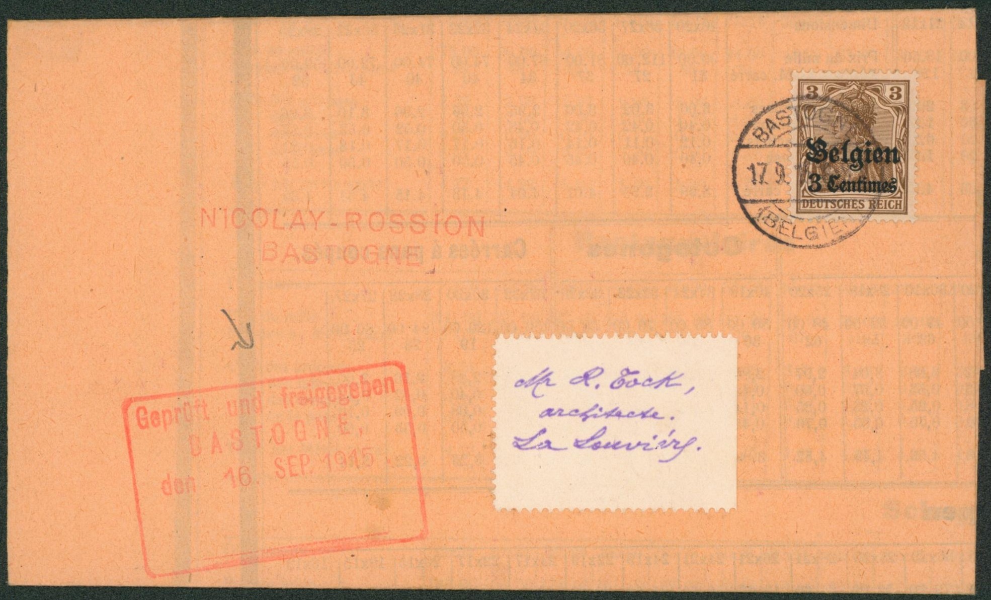 OC2 sur LAC (prix courant, Nicolay rossion, ardoisier à Martelange) obl à pont "Bastogne" > La Louvière"