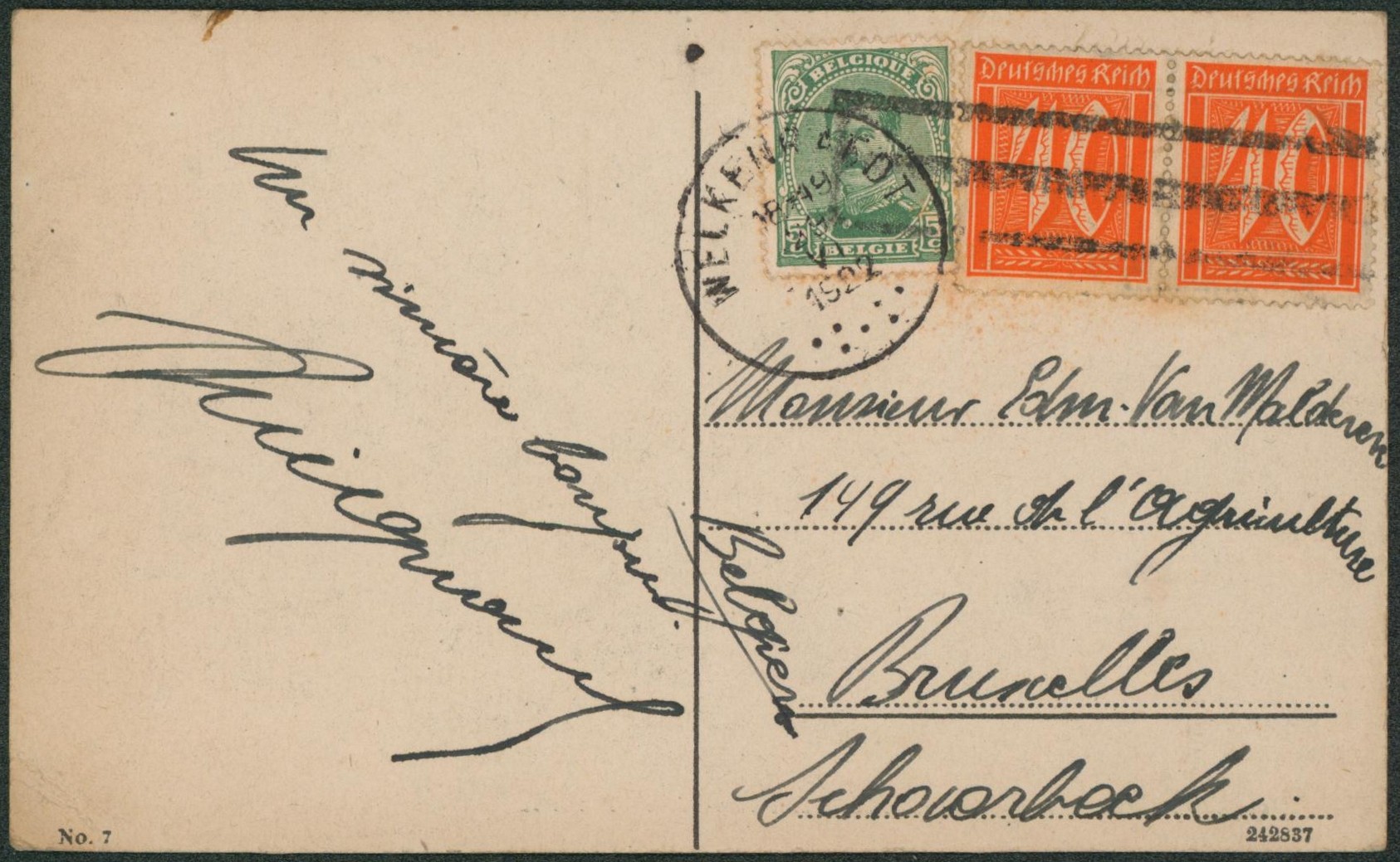 Affranch. Mixte (Belgique / Allemagne) sur CP obl S.C. "Welkenraedt" + annulation de fortune > Bruxelles / Canton de l'est. "