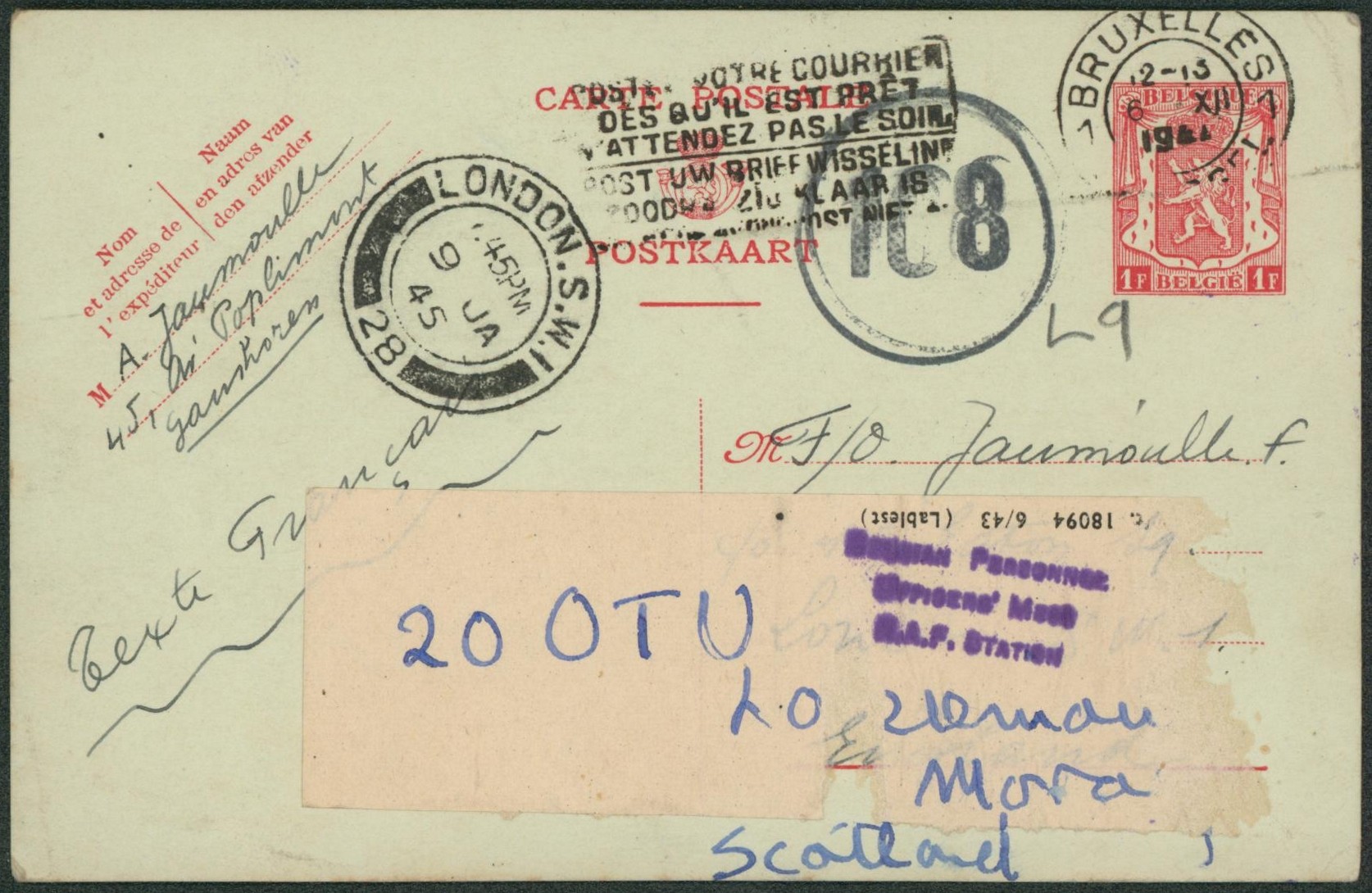 EP au type 1F petit sceau expédié de Bruxelles + censure > London redirigé vers l'écosse. 