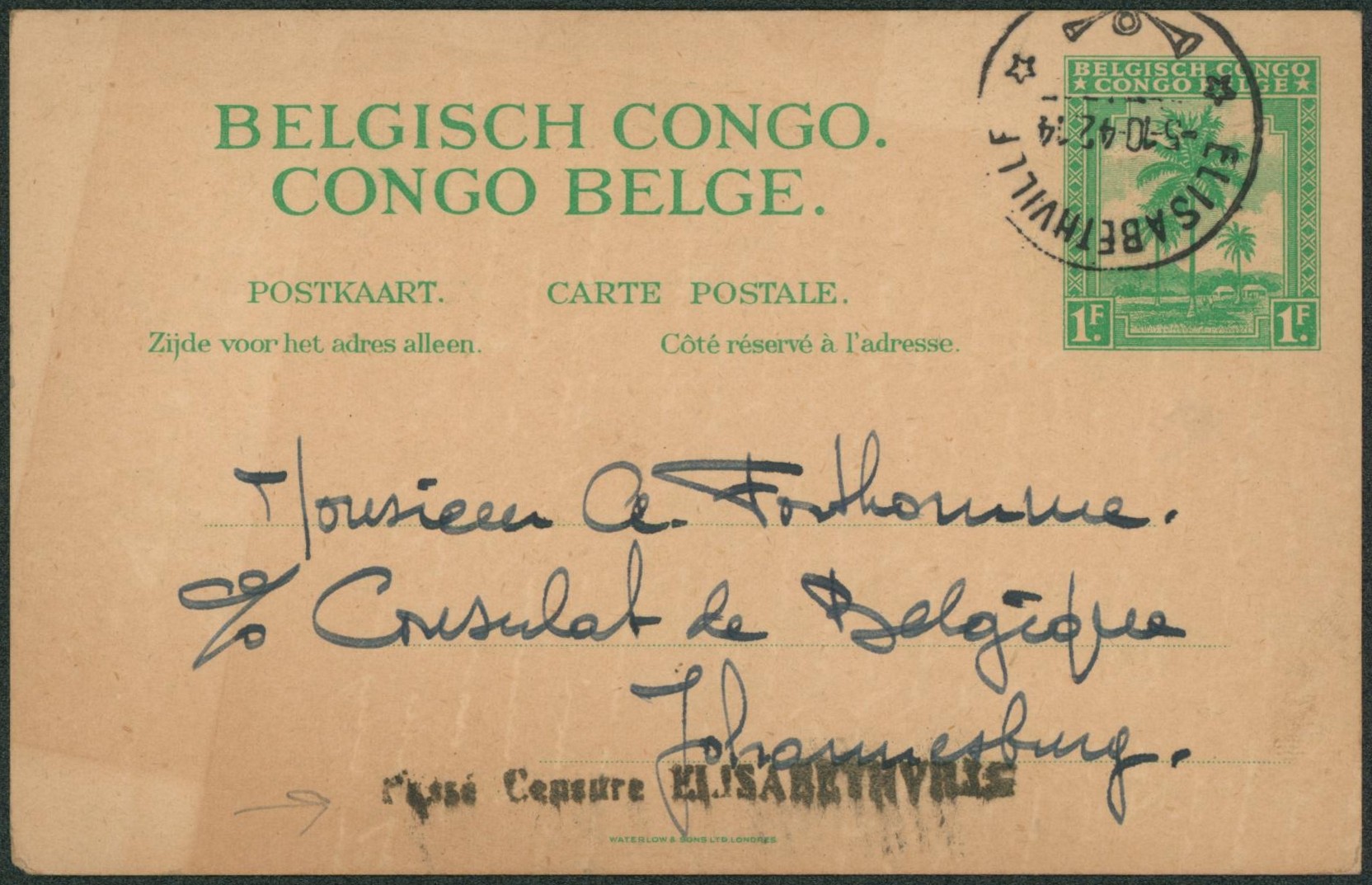 Congo Belge - EP au type 1F vert expédié de Elisabethville + censure ELISABETHVILLE  > Johanesburg (Afrique du sud). 