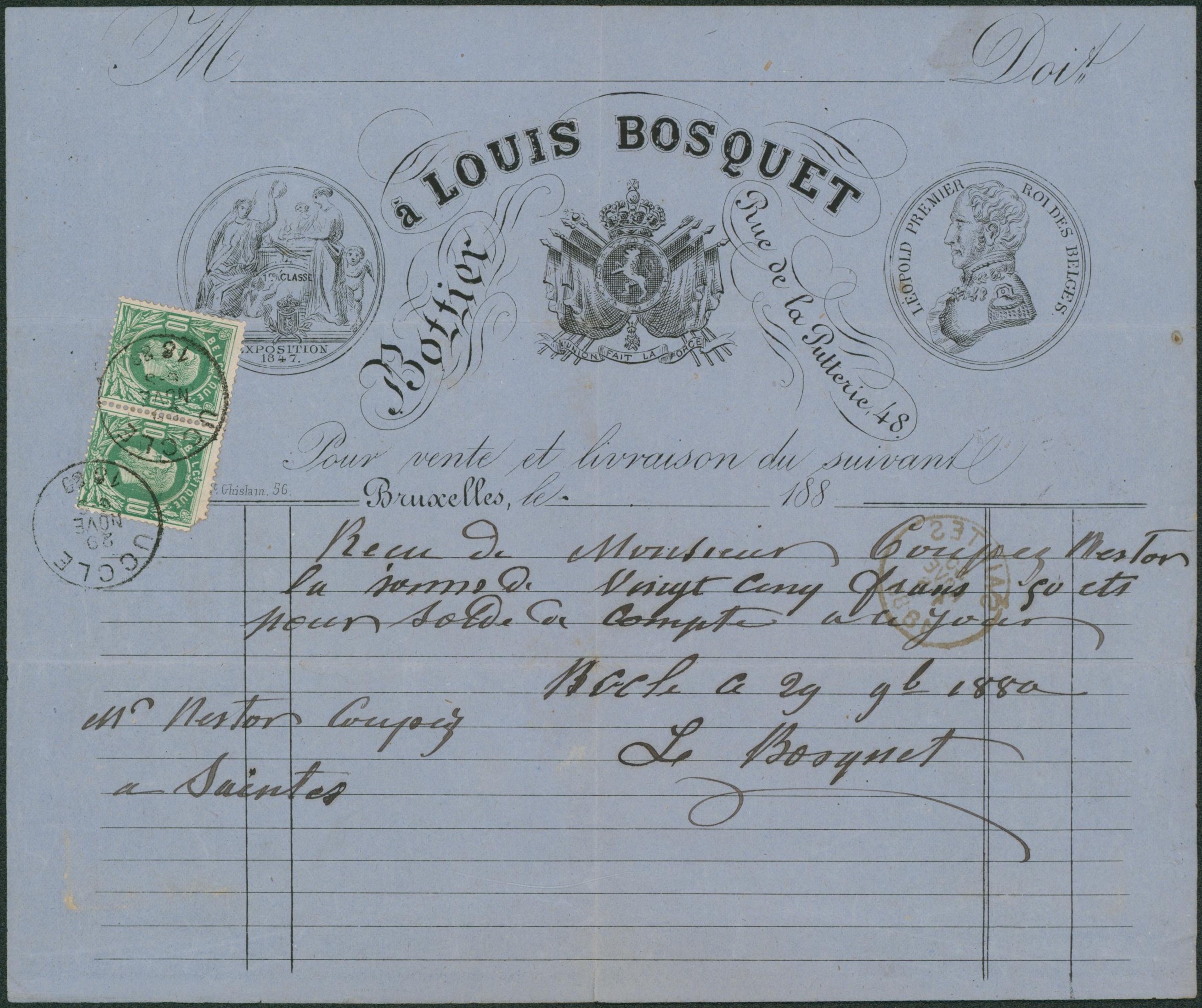 n°30 x2 (un TP légèrement touché) sur reçu illustré "Bottier" (Bruxelles) obl S.C. "Uccle""