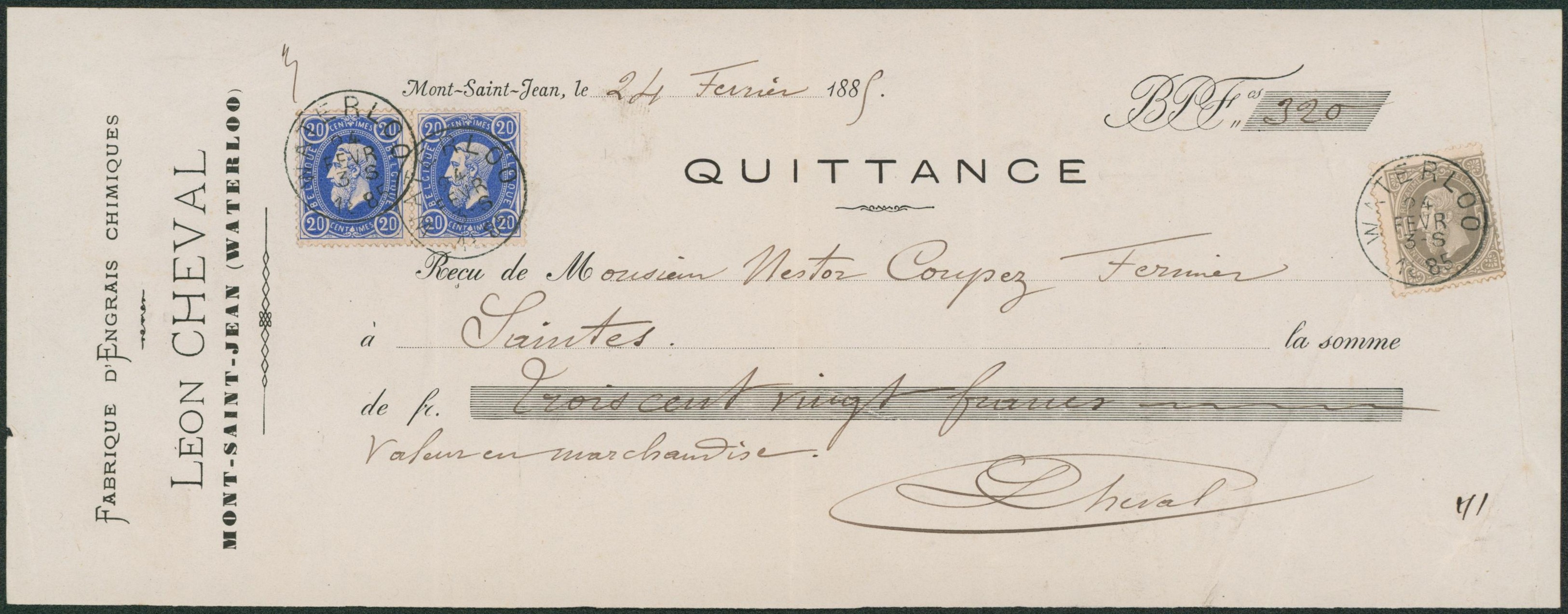 n°31 x2 et 35 sur quittance daté de Mont-Saint-Jean (Waterloo) fabrique d'engrais chimique. 