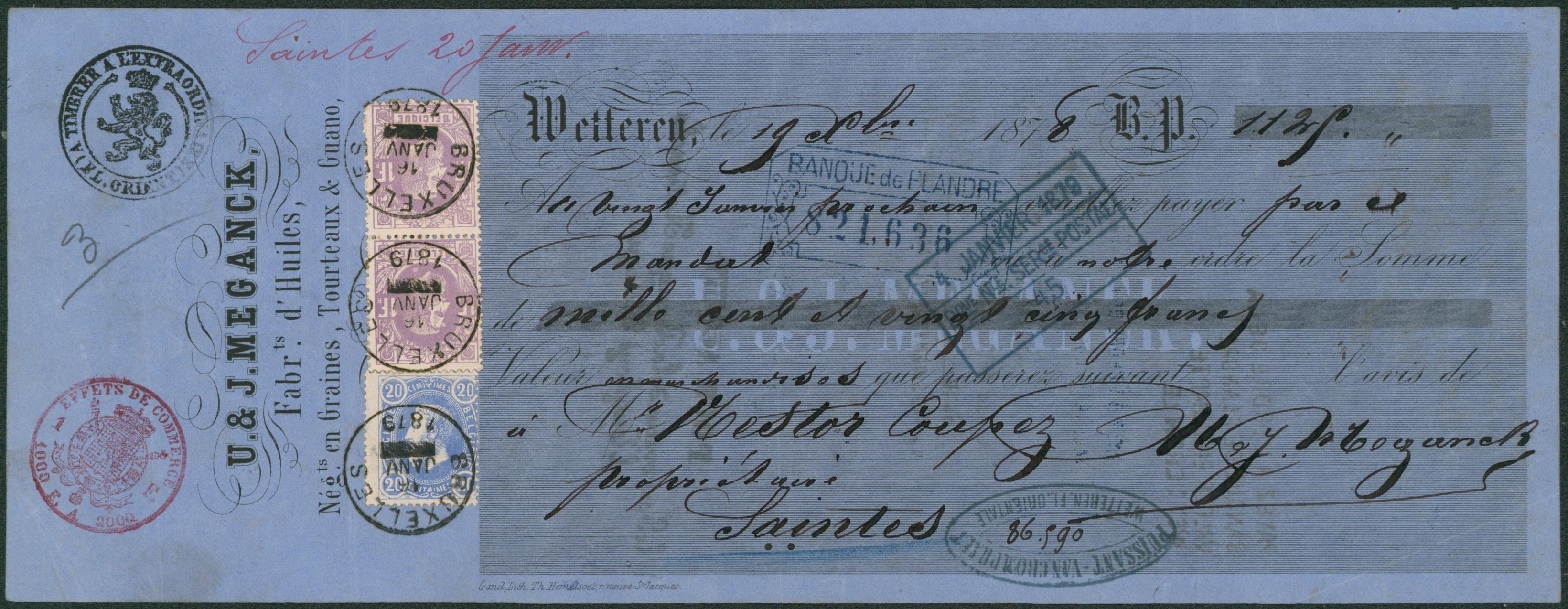 n°31 et 36 x2 sur effet de commerce (quittance) daté de Wetteren obl S.C. "Bruxelles" "