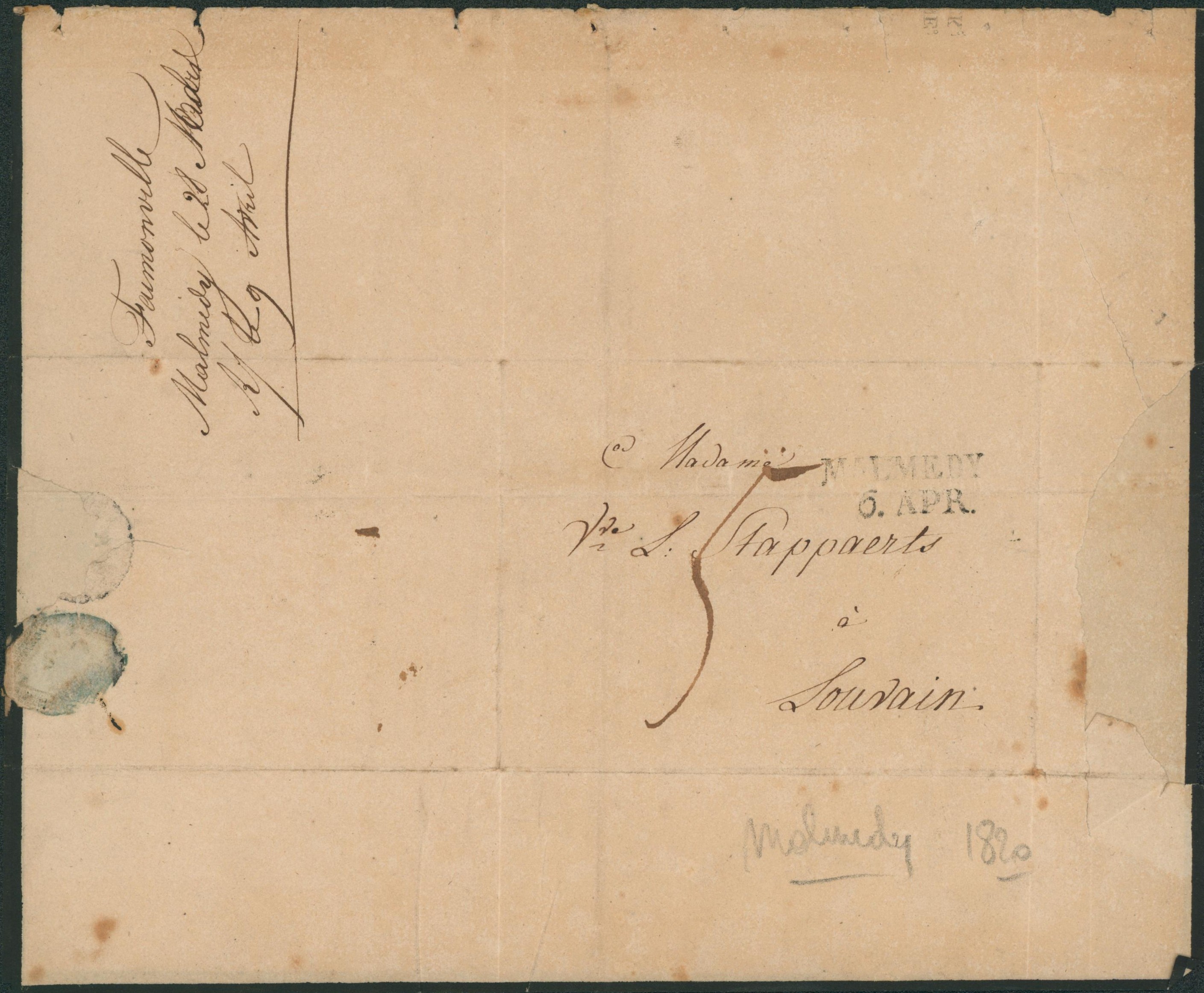 LAC de décès datée de Malmedy (1820) + obl linéaire noir MALMEDY / 6 APR. , port "5" > Louvain "