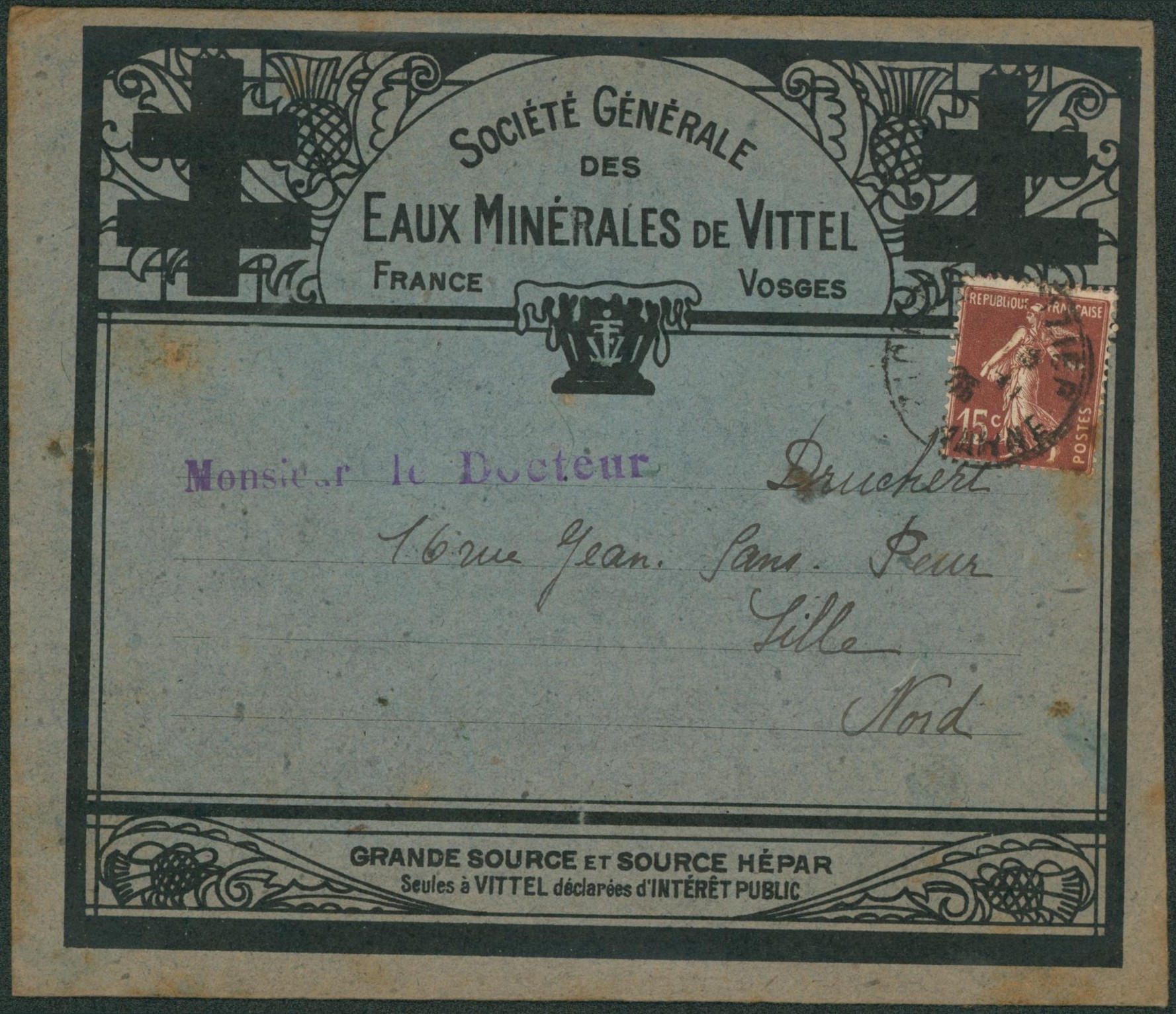 France - 15ctm Semeuse sur lettre illustrée "Société générale des eaux minérales de Vittel" > Lille / antituberculeux. "