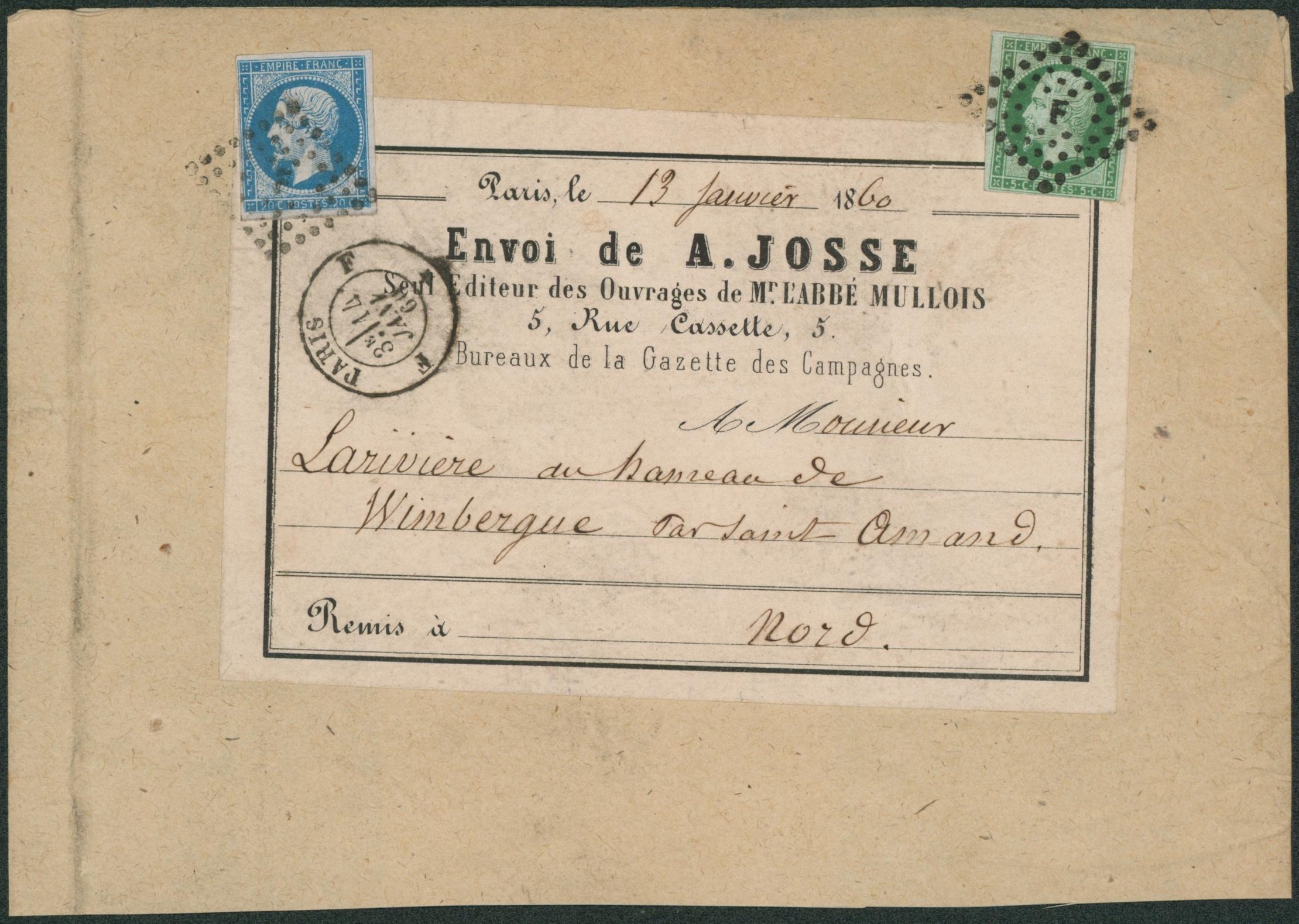 Yv n°12 et 14B sur bande imprimée (Bureaux de la gazette des campagnes) étoie de paris F çàd Paris (1860) > Wimbergue