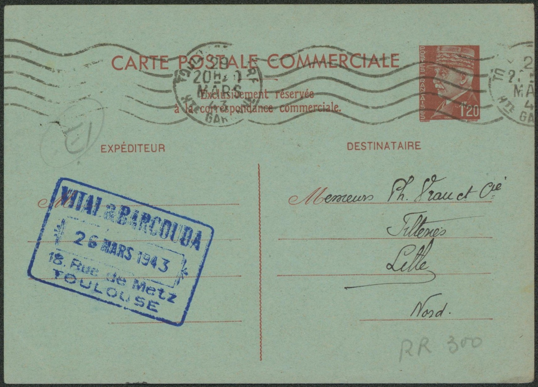 France - Entier postal type carte commerciale 1F20 rouge Pétain, voyagé de Toulouse > Lille