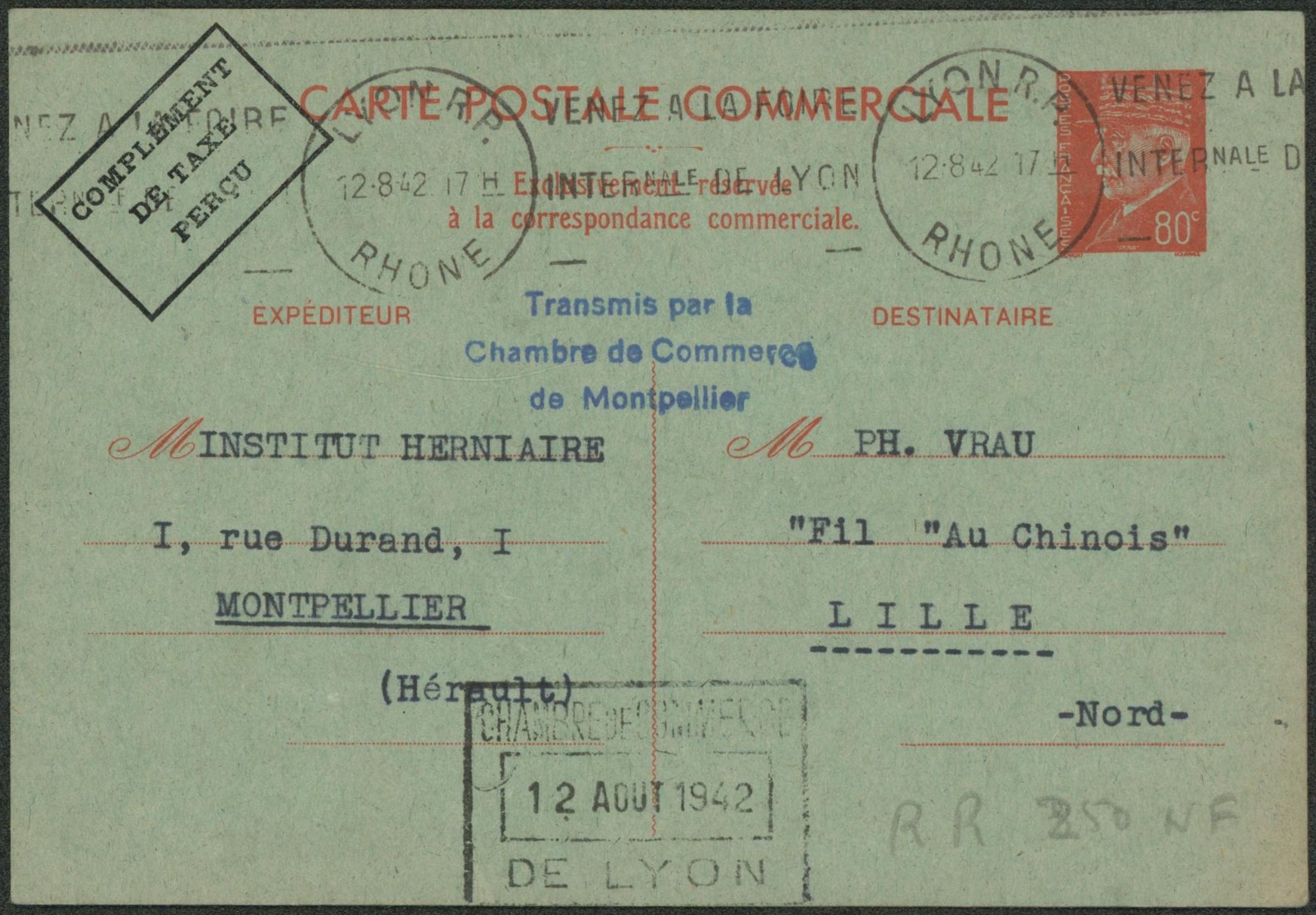 France - Entier postal type carte commerciale 80C rouge Pétain (B2), voyagé de Lyon > Lille
