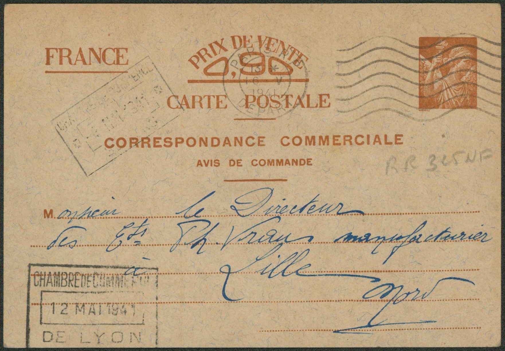 France - Entier postal type carte commerciale Iris sans valeurs (H3), voyagé de Paris > Lille 