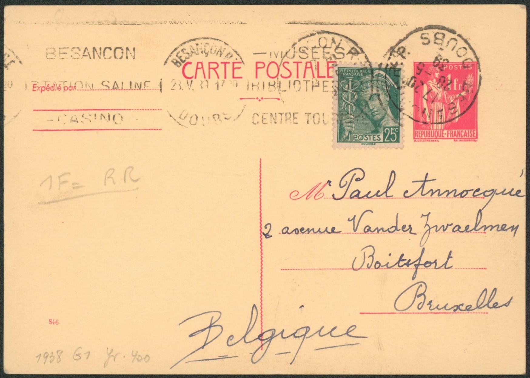 France - Entier postal type Paix 1Fr + Mercure 25C expédié de Besançon > Boitsfort (Belgique). Rare voyagé