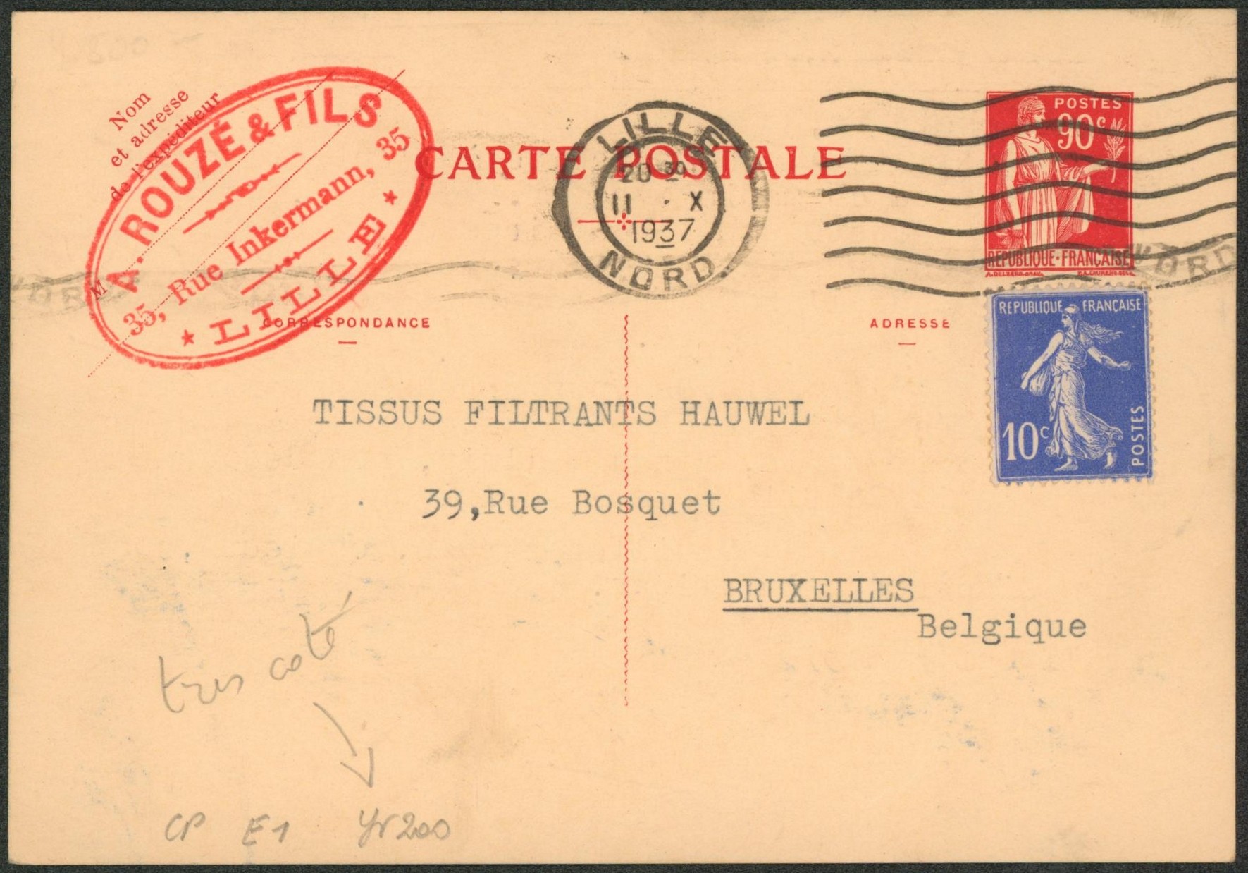 France - Entier postal type Paix 90C rouge + Semeuse 10C de Lille > Bruxelles. TB 