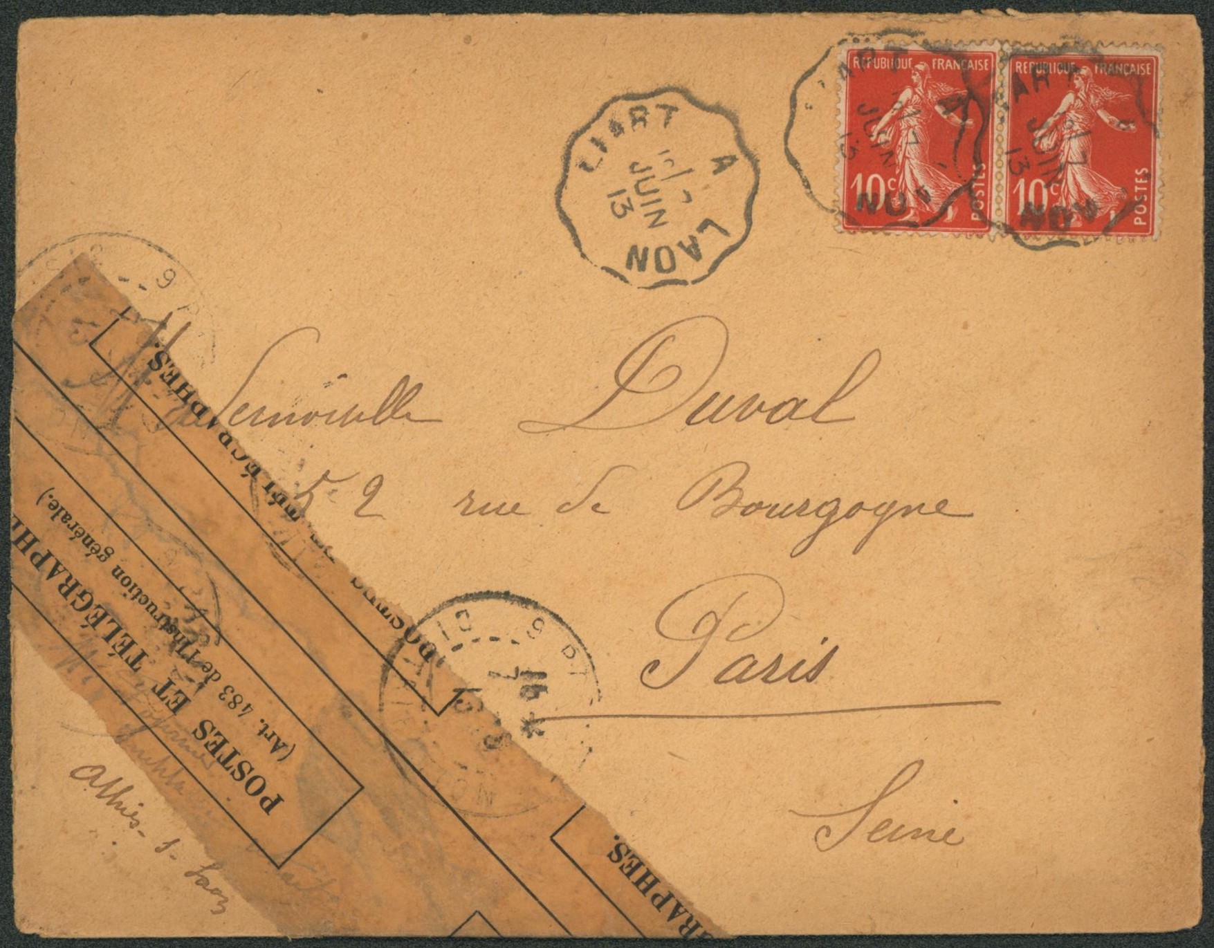 France - Semeuse sur lettre obl convoyeur "Liart à Laon" > Paris + bandelette de réparation "Postes et télégraphes""