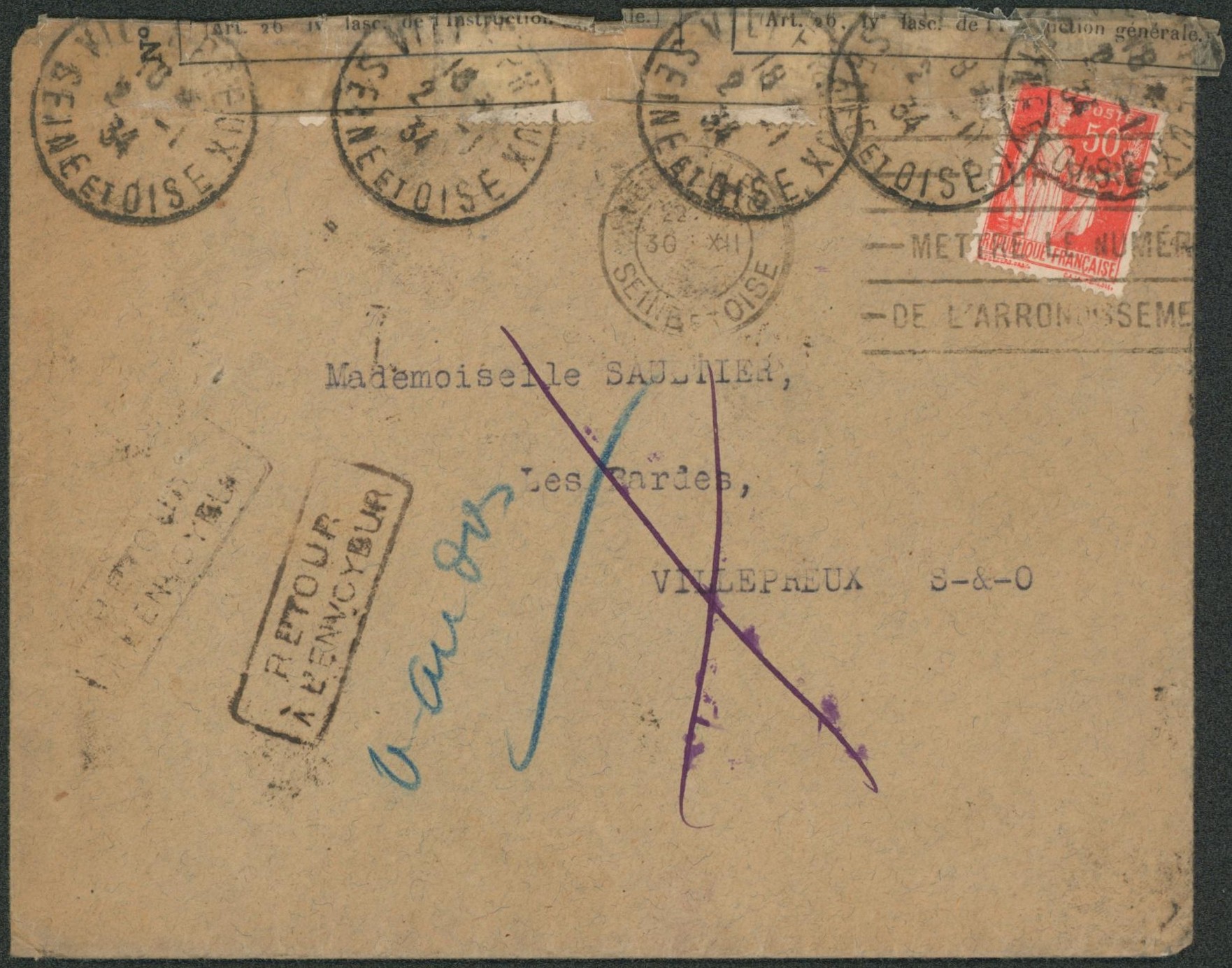 France - Paix 50C rouge sur lettre expédié de ? (Seine et Oise) > Villepreux / Retour à l'envoyeur + bandelette de réparation 