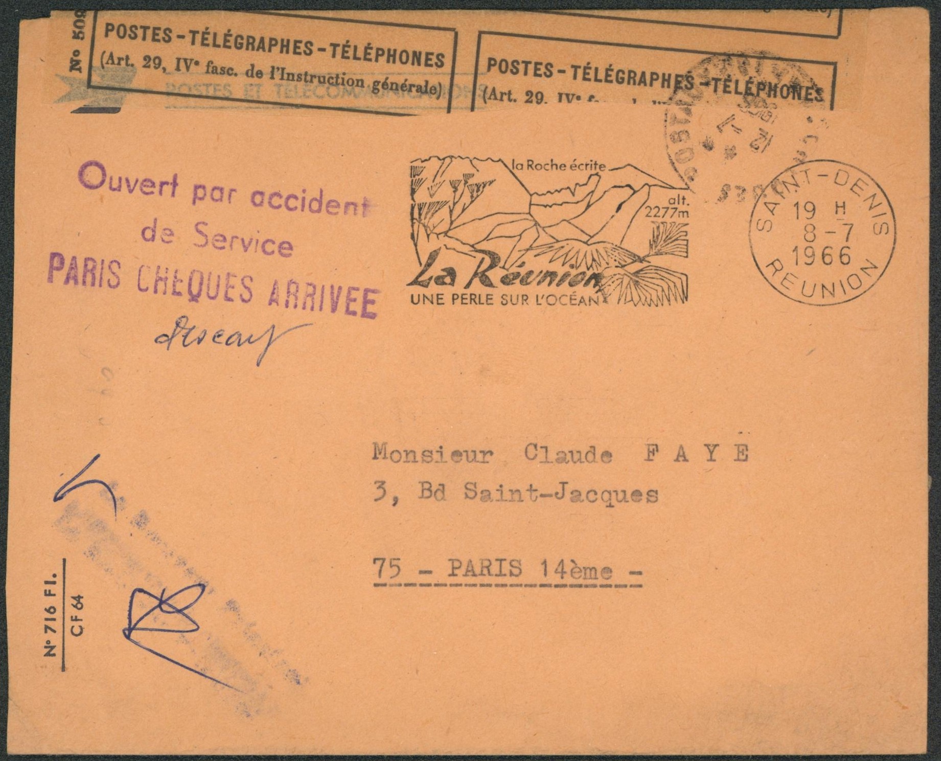 Lettre expédiée de Saint-Denis (Réunion) > Paris, ouvert par accident de service, paris chèques arrivée + bandelette de réparation.