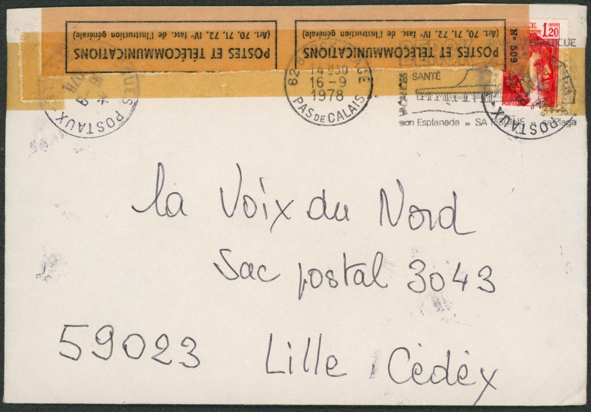 France - Lettre expédiée de Berck plage (1978) > Lille, enveloppe ouverte par erreur + bandelette de réparation.