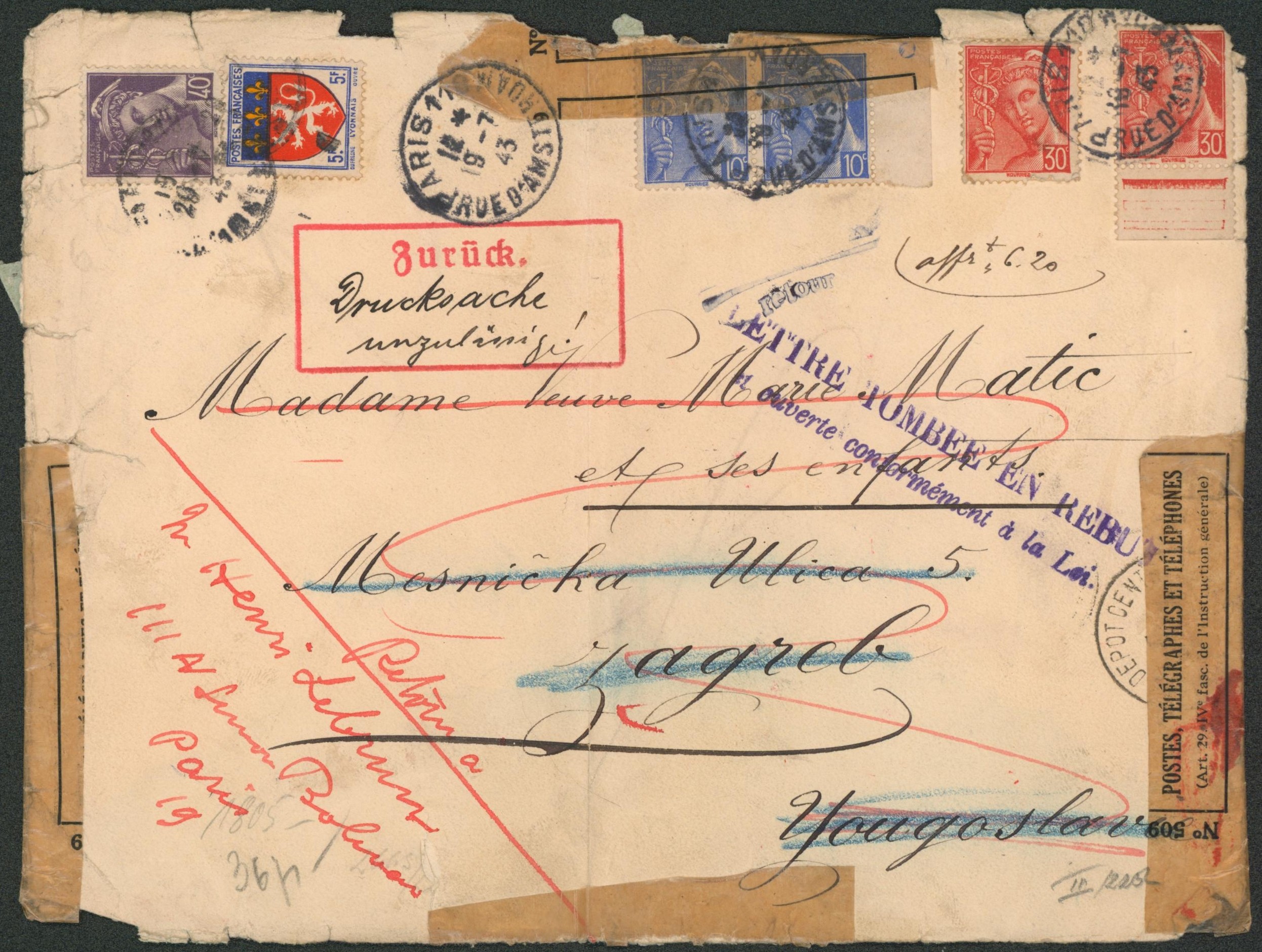 France - Affranch. Mixte sur lettre (pliée en deux) expédié de Paris > Zagreb (Yougoslavie), lettre tombée en rebut, retour + griffe ZURUCK et bandelette de réparation. 