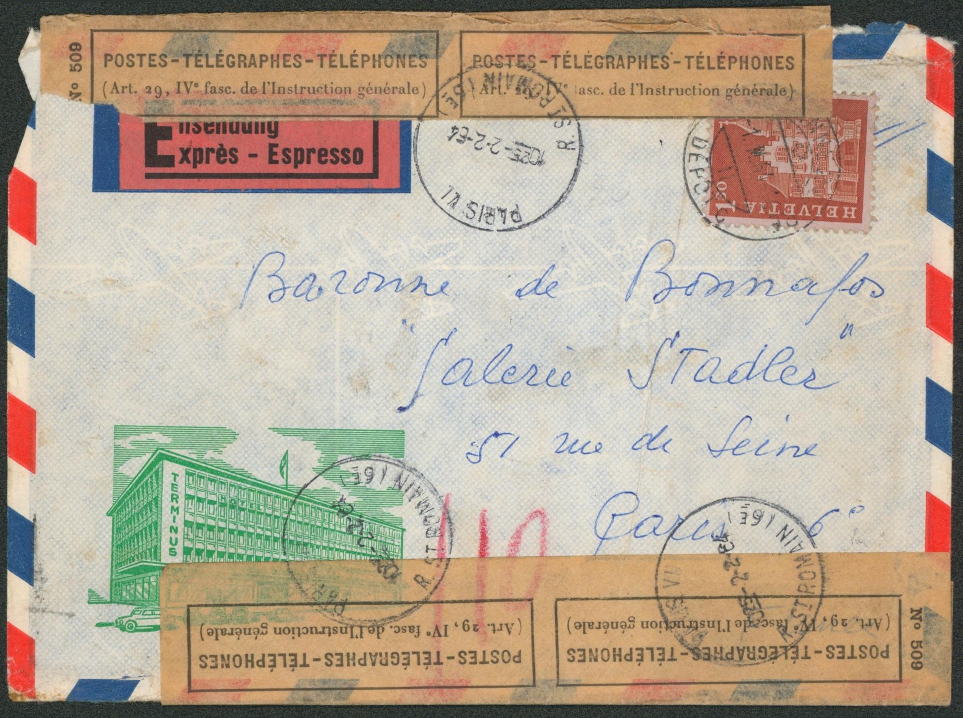 Lettre en provenance de Suisse en expres > Paris + Bandelette de réparation. 