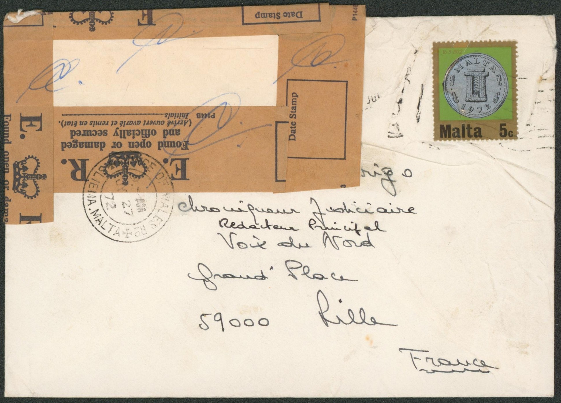 Lettre en provenance de Malte + bandelette de réparation aposée par le bureau expéditeur > Lille (Nord). 