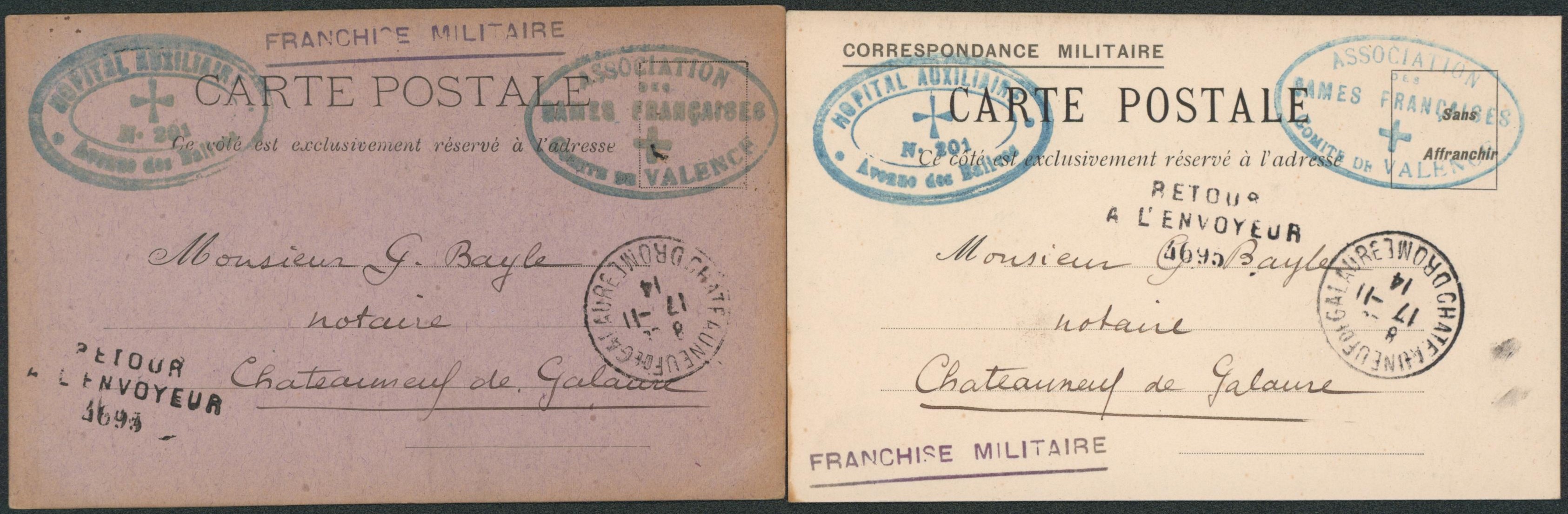 France - ensemble de 2 cartes postales en franchises militaires + cachet "Association des dames françaises comité de Valence" (Hopital auxiliaire) > Chateauneuf de galaure"