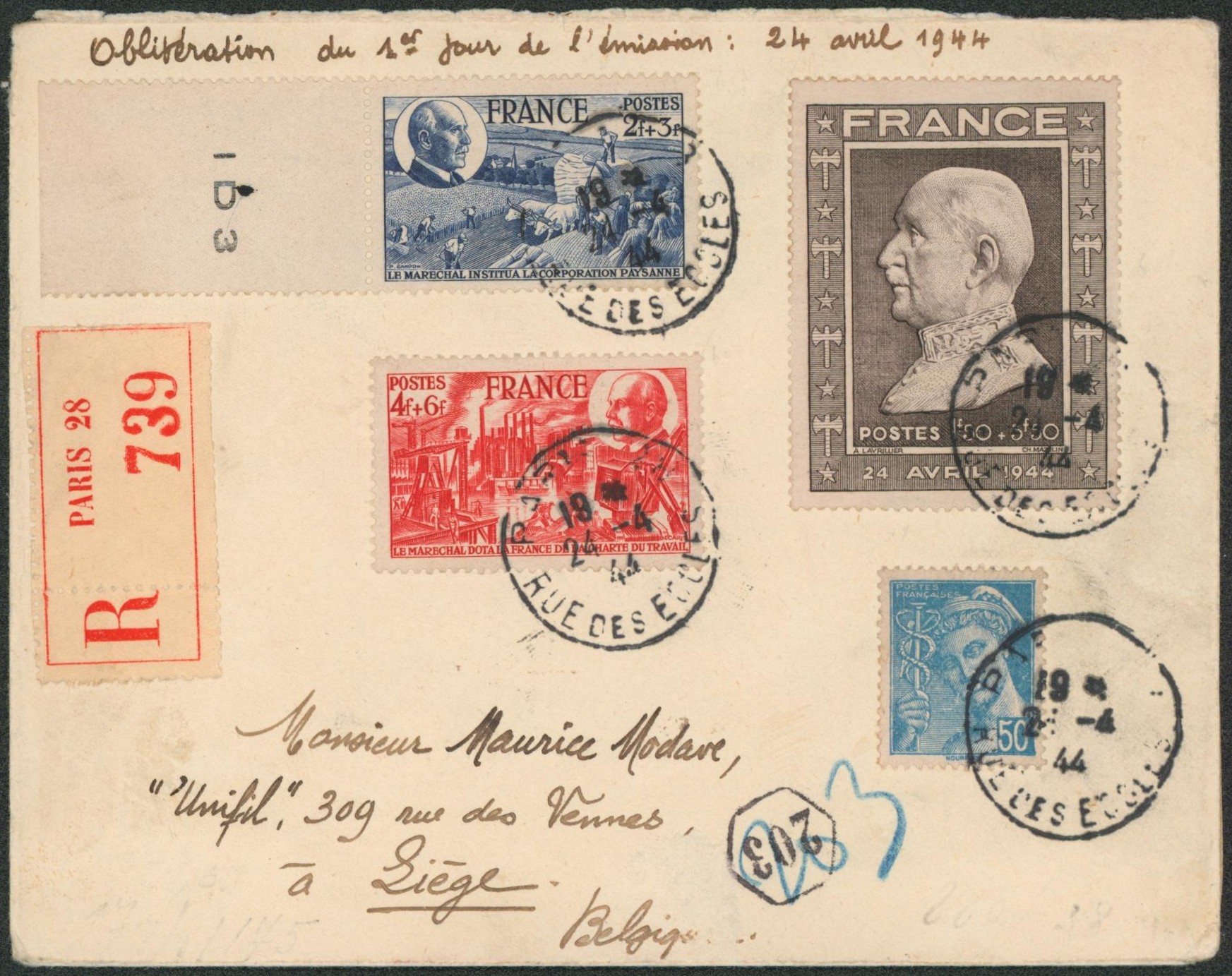 France - Pétain (1944, obl. Premier jour) sur lettre en recommandé de Paris + censure > Liège (Belgique). 