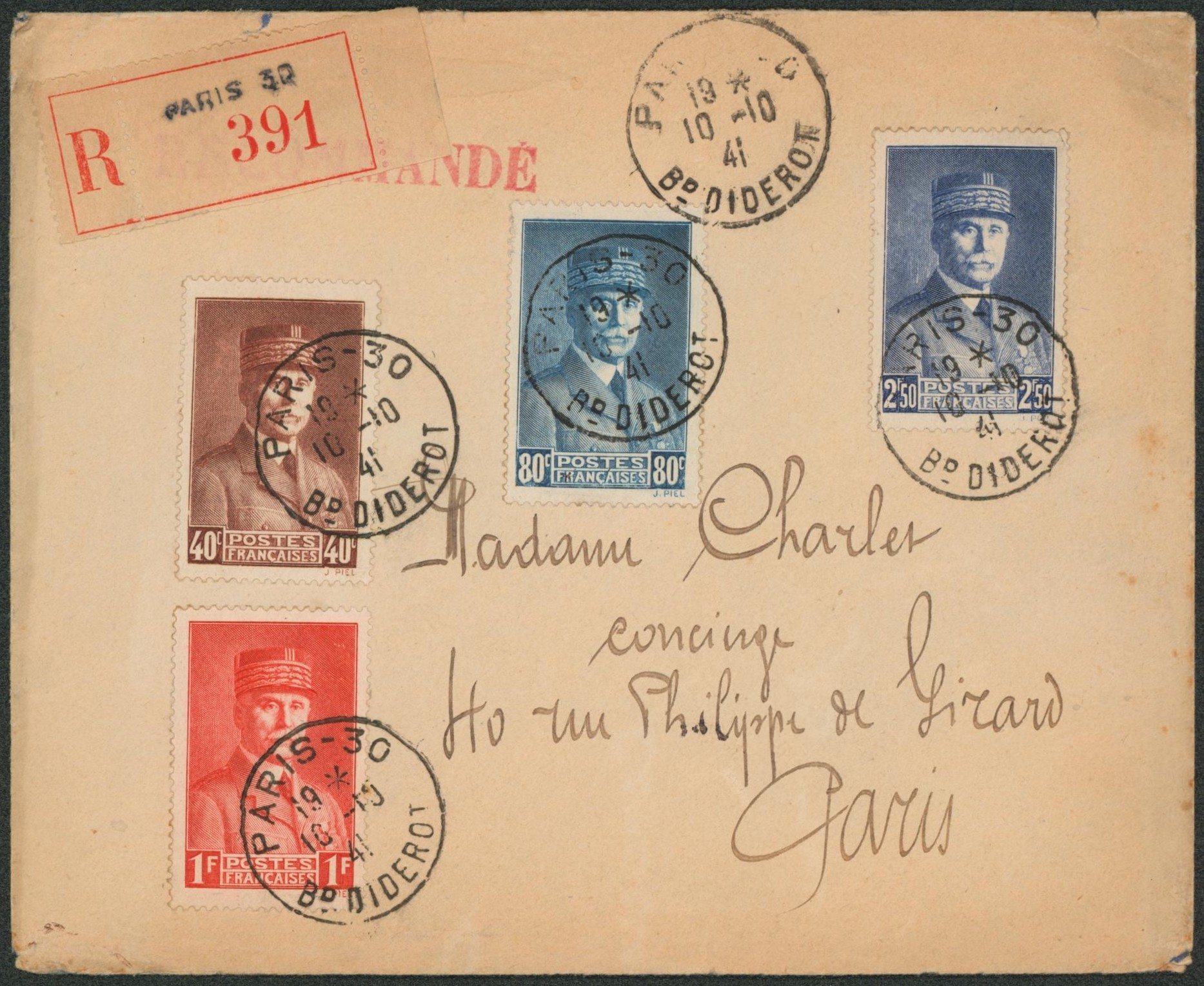 France - Pétain affranch. Quadricolore sur lettre en recommandé de Paris > Paris. 