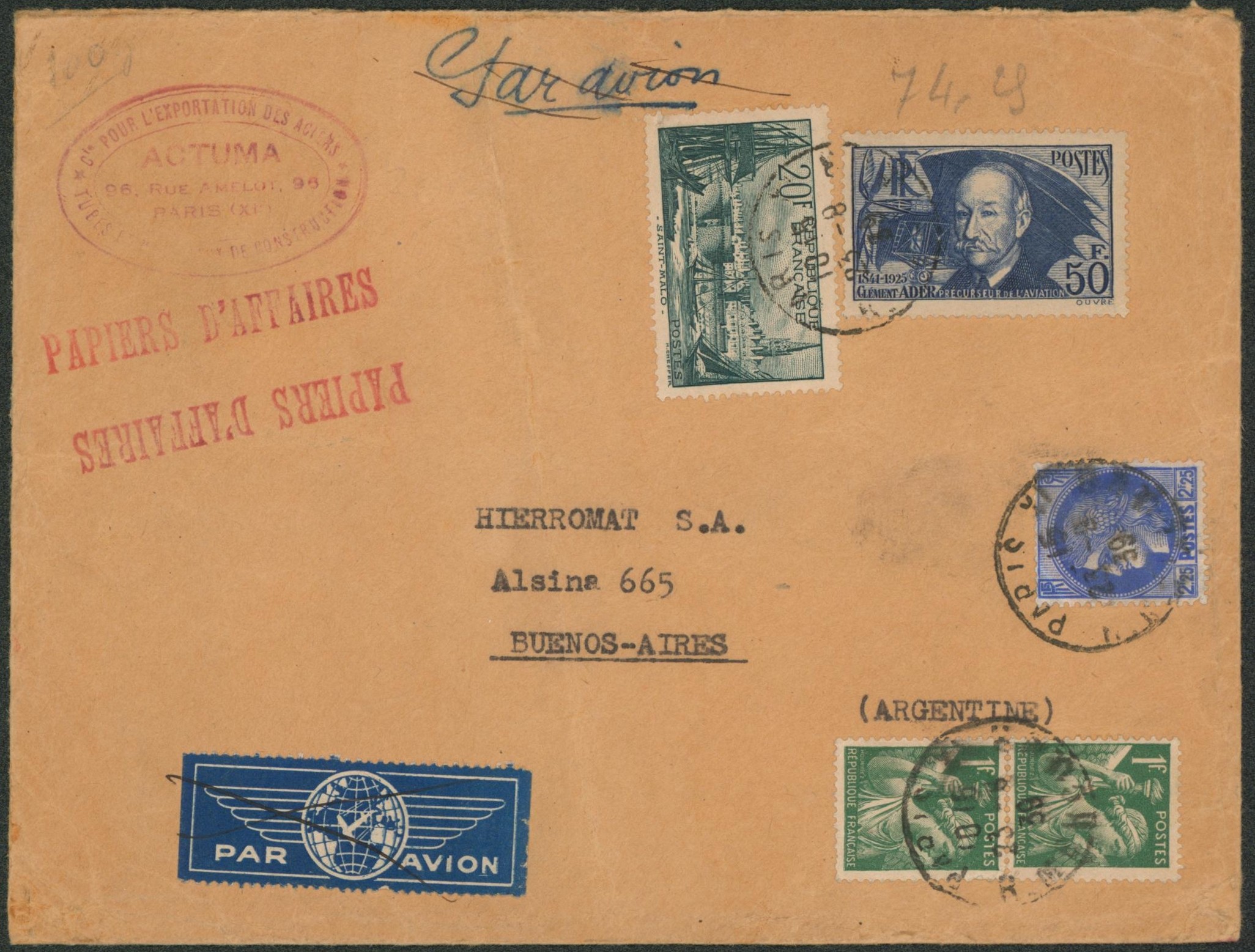 France  -Affranch. Mixte sur lettre par avion de Paris > Buenos Aires (Argentine). 