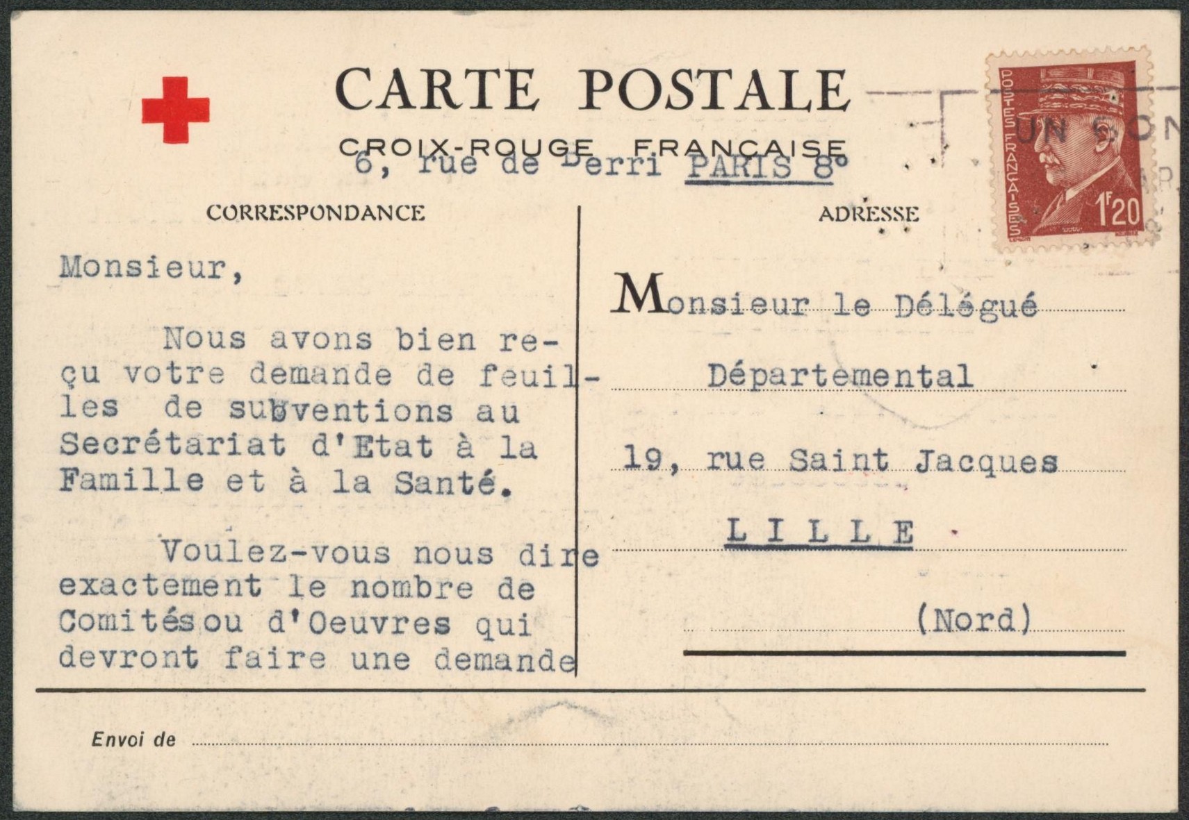 France - Pétain 1F20 sur carte postale (croix rouge française) > Lille (Nord). Texte ! 