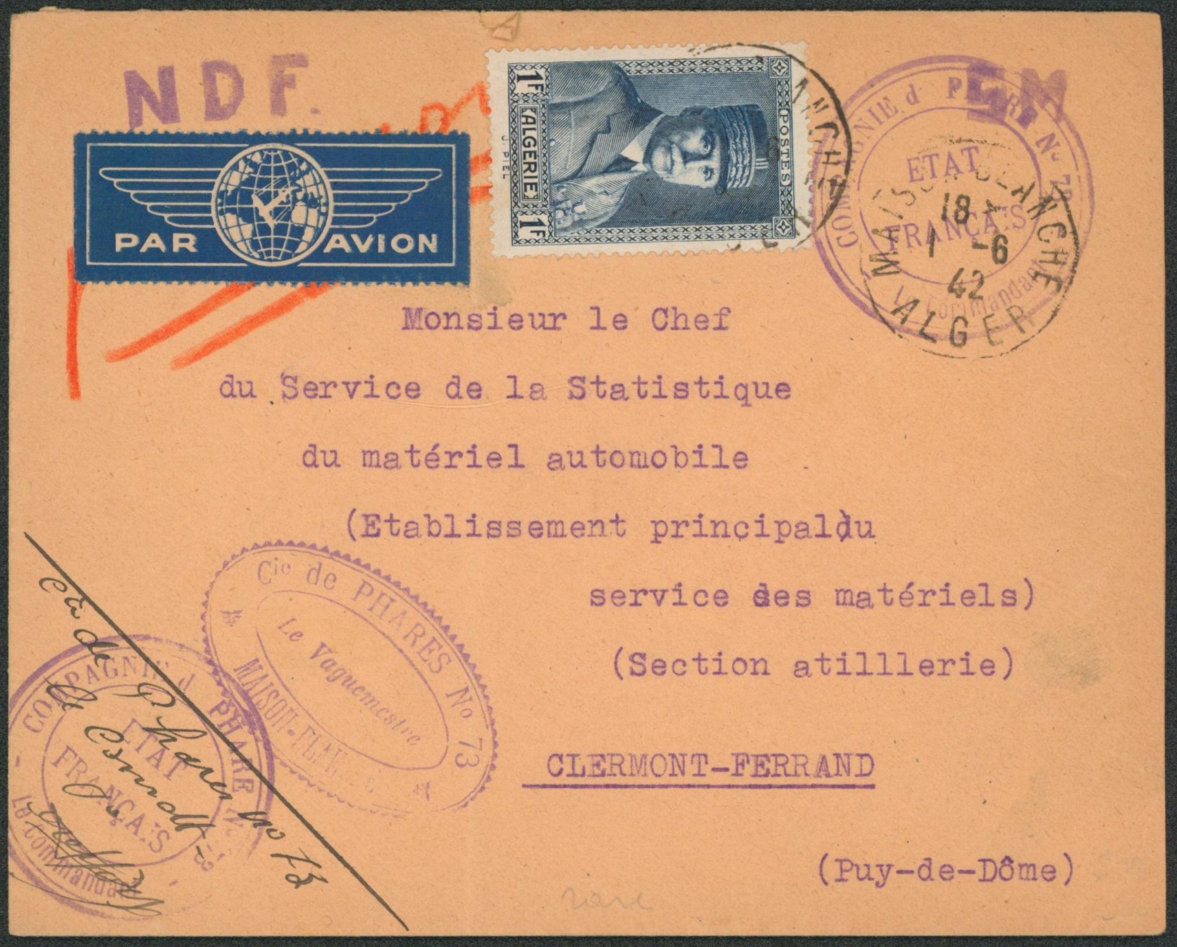 Algérie - Pétain 1F sur lettre par avion (compagnie des phares n°73, état français) > Clermont ferrand. 