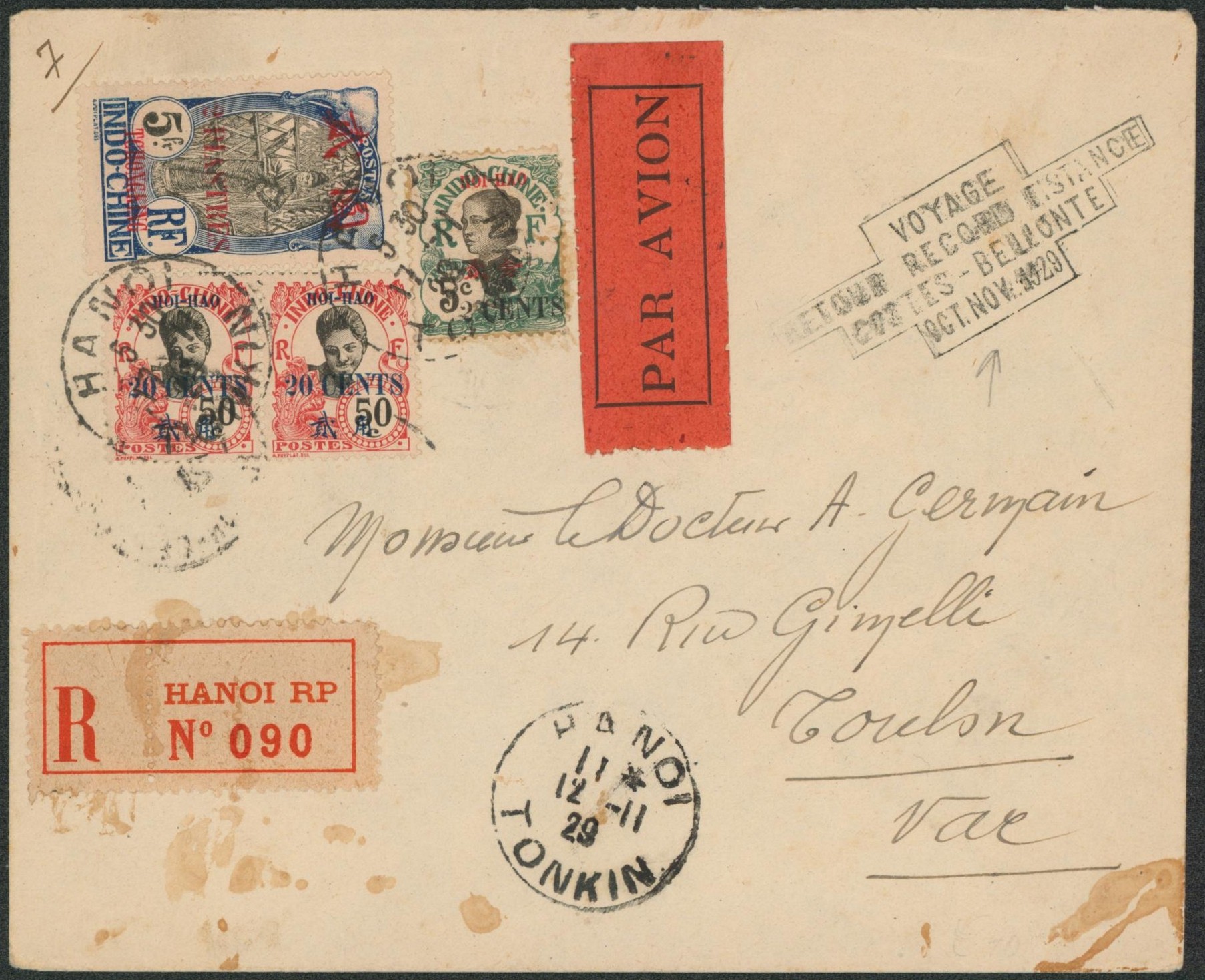 Indochine - Lettre en recommande par avion de Hanoi RP > Toulon (France) + encadré "voyage retour record distance..""