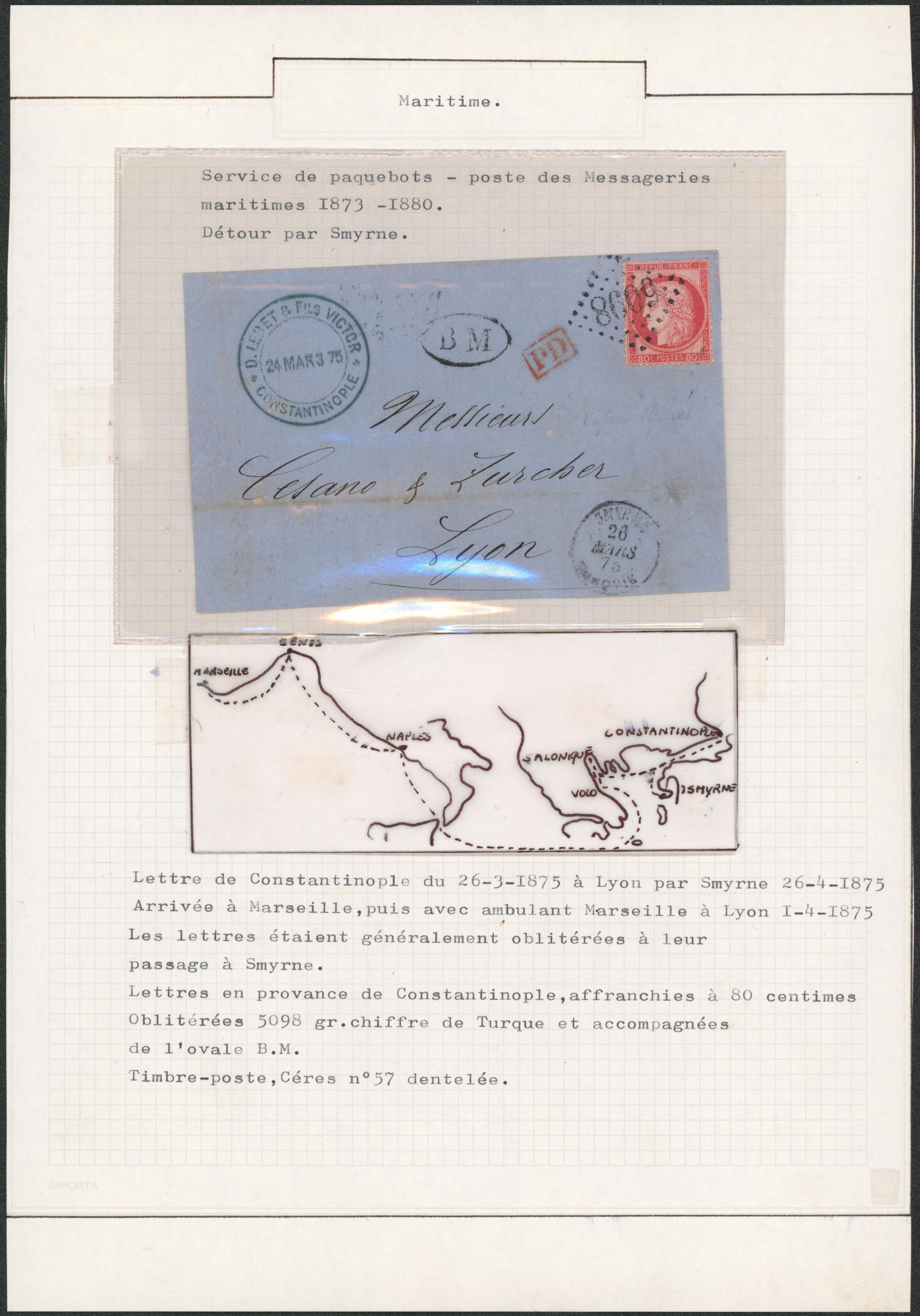 Page de collection (Maritime) - France Yv n°57 sur LSC obl GC 5098 (Constantinople) + oval B.M. > Lyon par Smyrne