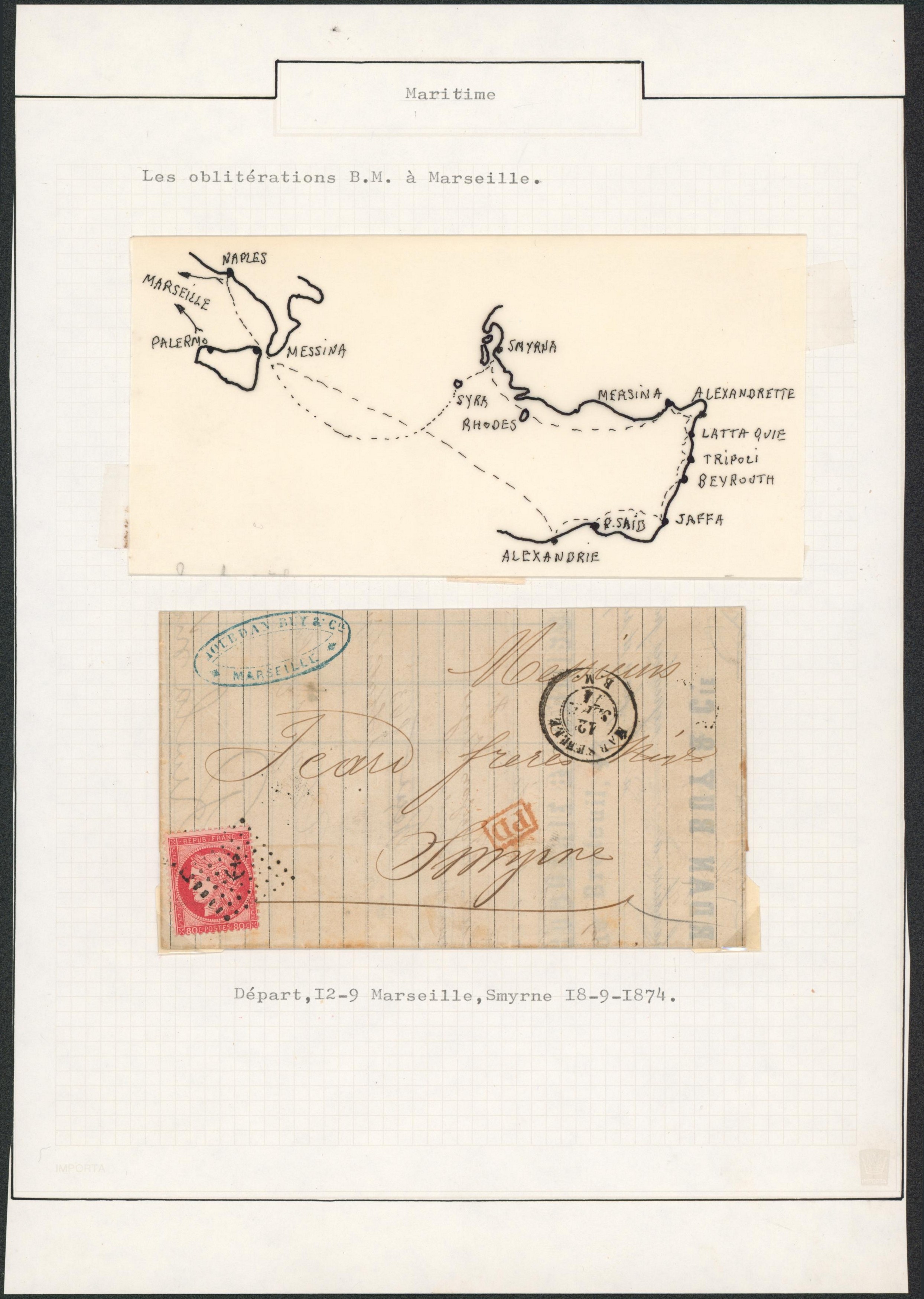 Page de collection (Maritime) - France Yv n°57 sur LAC obl ANCRE çàd marseille (1874) > Smyrne.